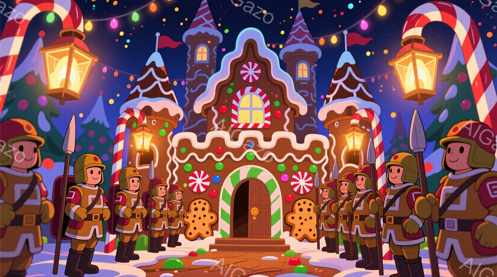 兵士の衣装を着た、笑顔のキャラクターたちが整列しています。背景には、クッキーやキャンディで飾られた、お菓子の家があり、まるで冬の遊園地のような雰囲気です。雪が降る夜空には、カラフルな光が輝き、全体的に暖かく、お祝いムードに包まれています。