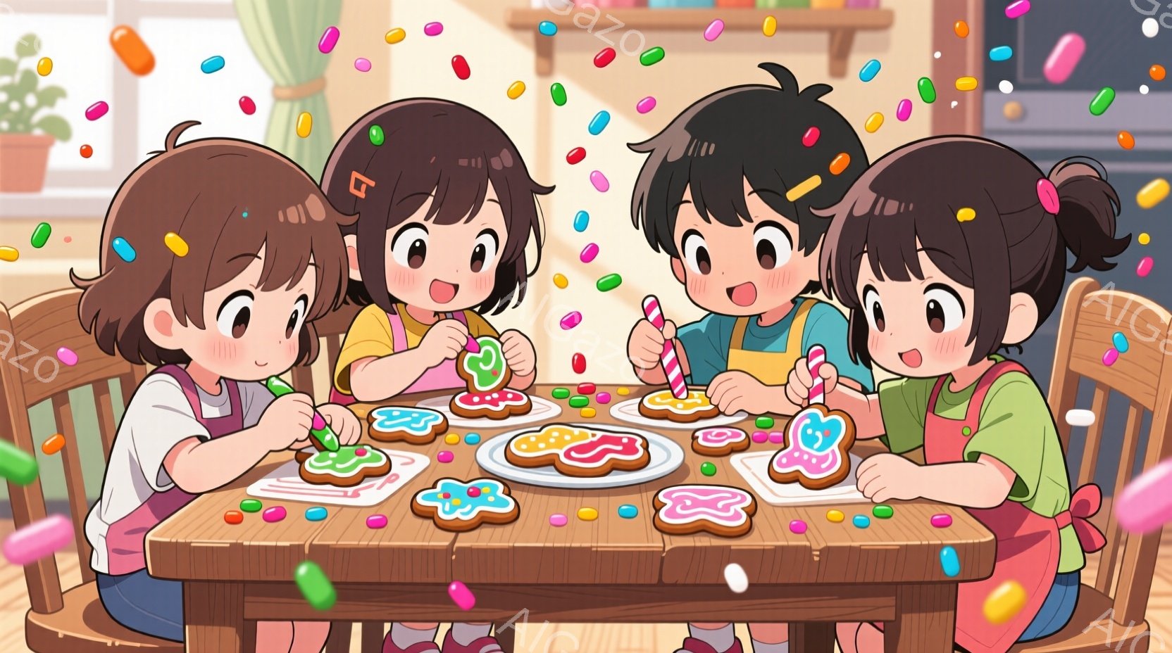 4人の女の子がテーブルを囲んでクッキーのデコレーションを楽しんでいます。それぞれエプロンをつけており、茶色の髪を短く切っています。明るい笑顔でクッキーに色とりどりのクリームやスプレーで飾り付けをしてお - AI生成フリー素材