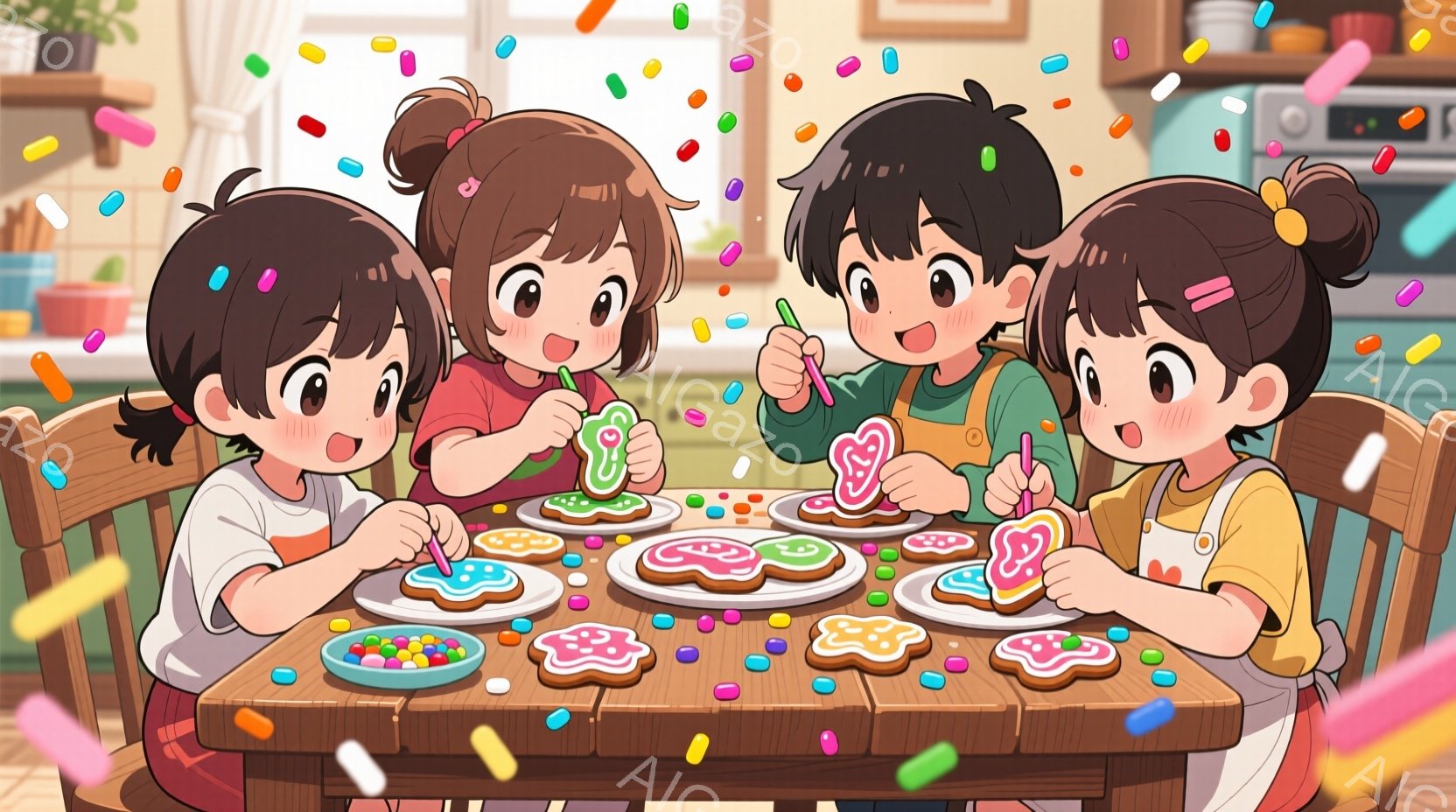 テーブルを囲んでクッキーをデコレーションする幼い子供たちが描かれています。子供たちは皆、白いTシャツにエプロンを着用し、髪型は短い茶色で、顔は笑顔でいっぱいです。背景にはキッチンがあり、明るい色調で、 - AI生成フリー素材