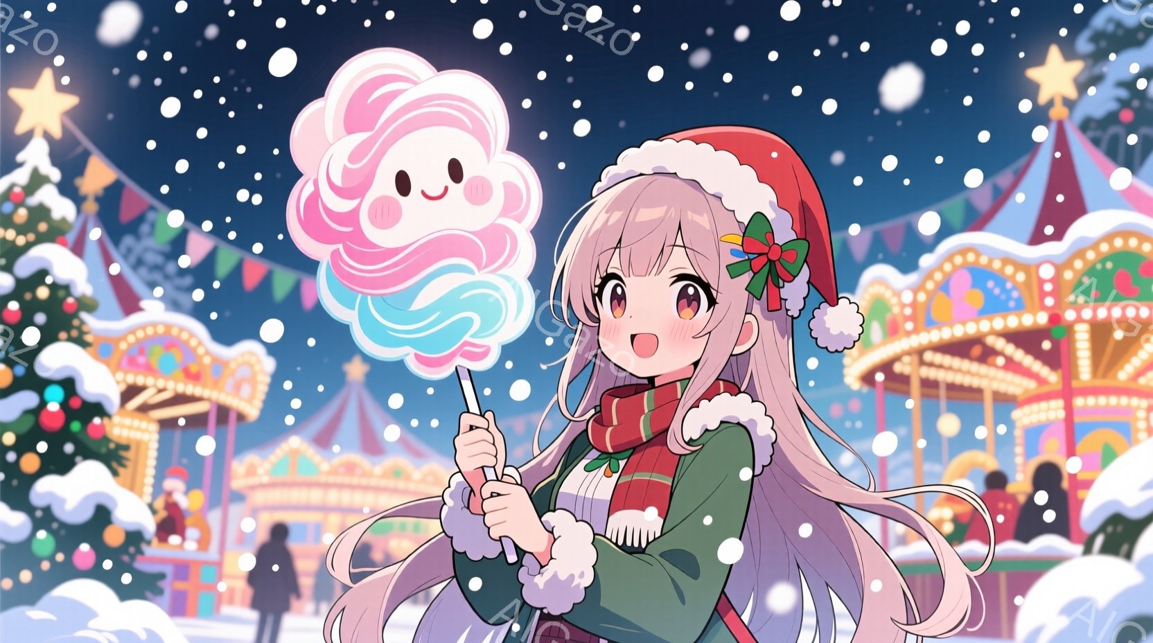 長い銀髪をなびかせ、赤いサンタ帽を被った少女が、大きな綿あめを持っている。緑色のコートに白いファーの襟元、赤いストライプのマフラーを身につけ、笑顔で綿あめを見つめている。背景には雪が舞う遊園地が見え、イルミネーションが輝き、冬の幻想的な雰囲気を醸し出している。