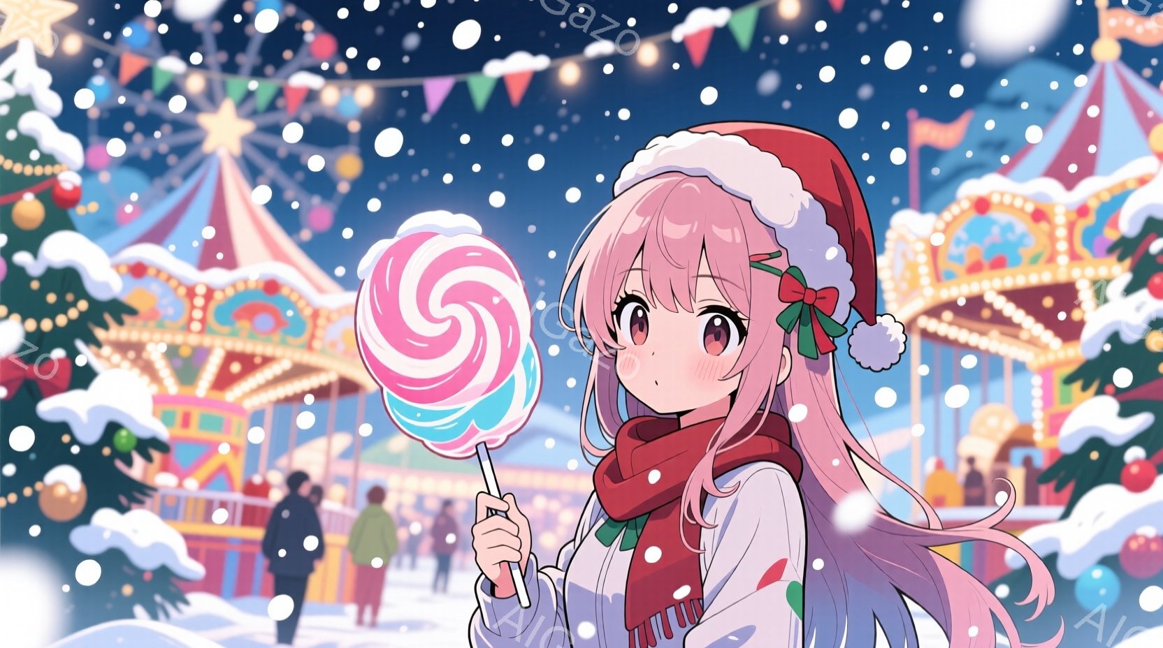 ピンク色の髪を長く伸ばした少女が、クリスマスらしい赤い帽子とマフラーを身に着けて立っています。彼女は大きなキャンディを持っています。背景には、雪に覆われた遊園地と、光り輝くイルミネーションが見え、冬の暖かいお祭りの雰囲気です。