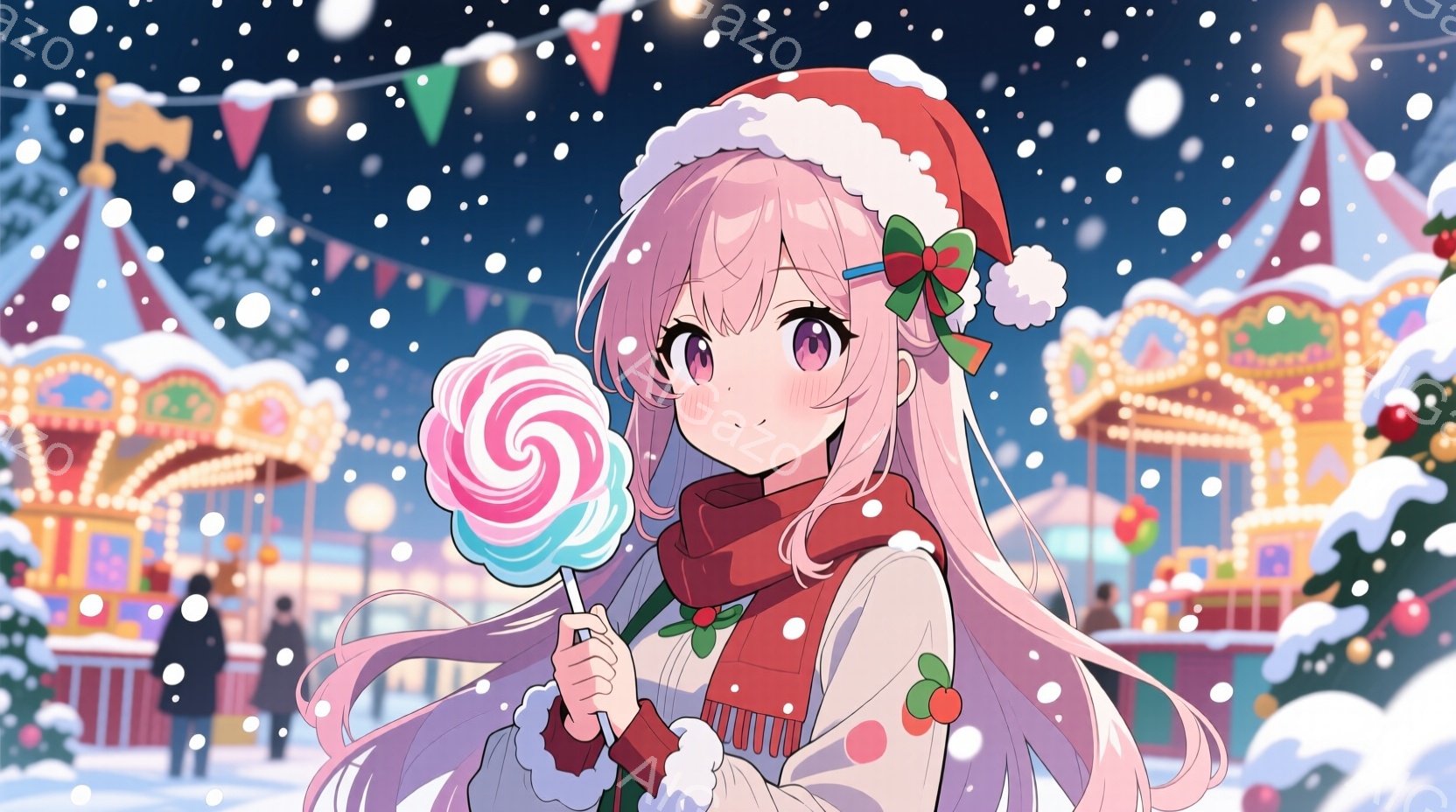 長いピンク色の髪に赤いサンタ帽をかぶった少女が、大きなキャンディを手に持っています。白いコートと赤いマフラーを身につけ、冬の遊園地で微笑んでいます。背景にはイルミネーションが輝き、雪が舞う幻想的な雰囲気です。