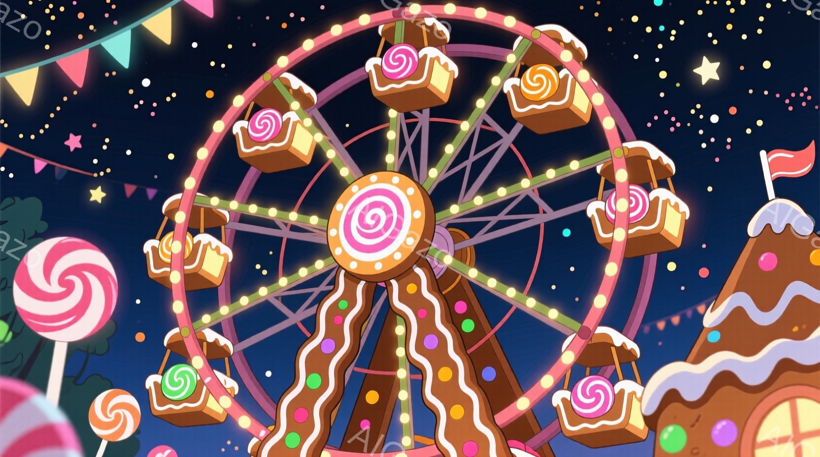 夜空を背景に、お菓子の家と観覧車が描かれています。観覧車はキャンディのようなゴンドラを持ち、全体的に甘くて夢のような雰囲気を醸し出しています。背景には星やキャンディが散りばめられ、お祭りや遊園地のような楽しげな空間を想像させます。