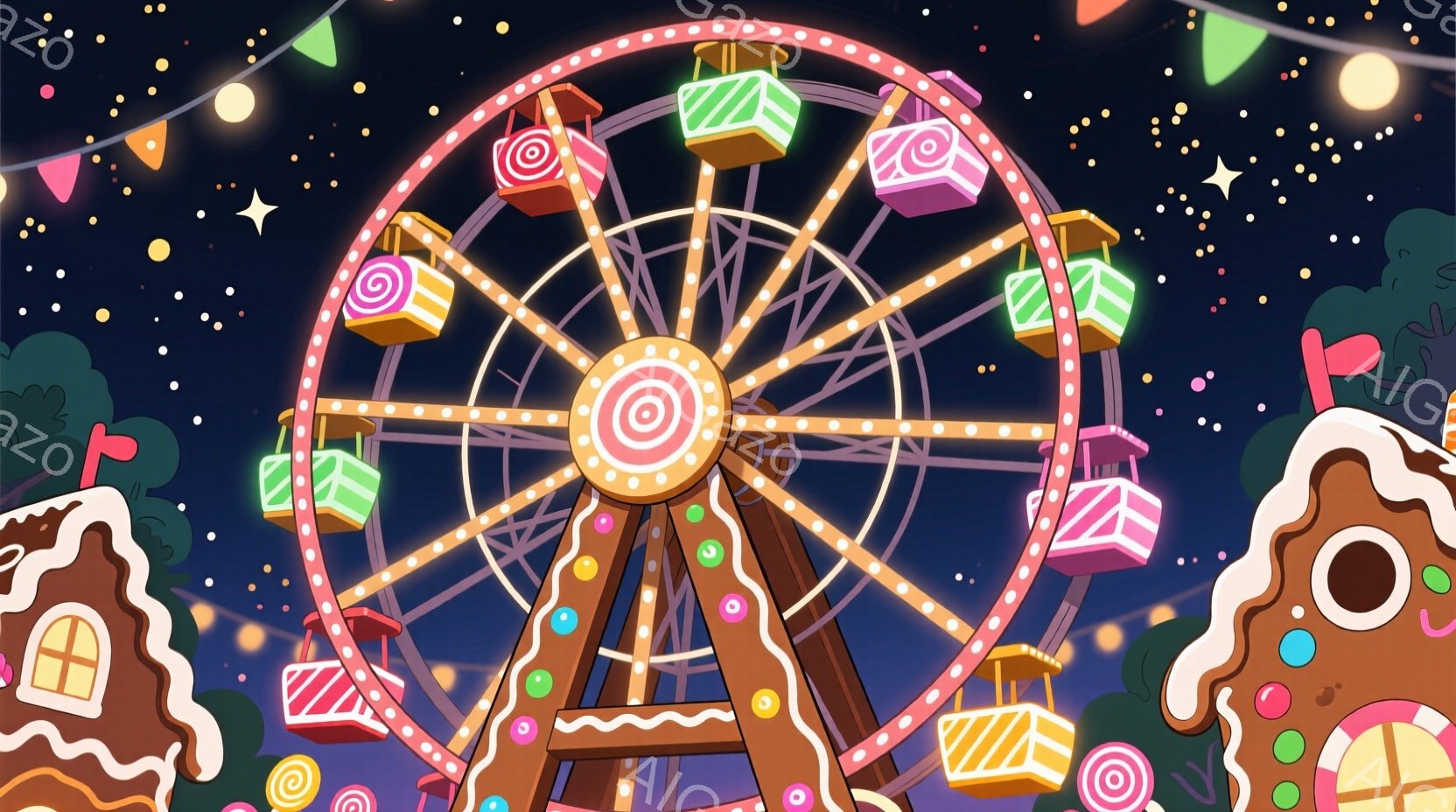 鮮やかな茶色の観覧車が、キャンディのようなカラフルなゴンドラを乗せて夜空に浮かんでいます。背景には、ジンジャーブレッドハウスのような可愛らしい建物が点在し、星が散りばめられた暗い空が、まるで夢のようなお菓子の国を思わせます。全体的に暖かく、遊び心溢れる雰囲気で、楽しいお祭りの夜を表現しています。