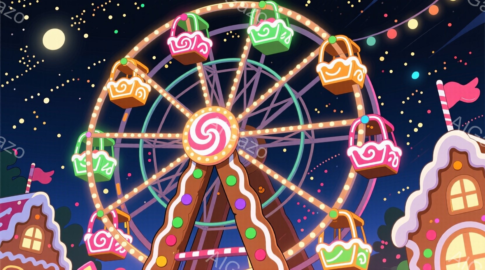 夜空を背景に、お菓子の家々が立ち並ぶ可愛らしい光景が広がっています。観覧車はチョコレートのような色合いで、各ゴンドラにはカラフルなキャンディが飾られており、まるで夢のような世界です。全体的にパステルカラーで統一されており、温かく、幻想的な雰囲気を醸し出しています。