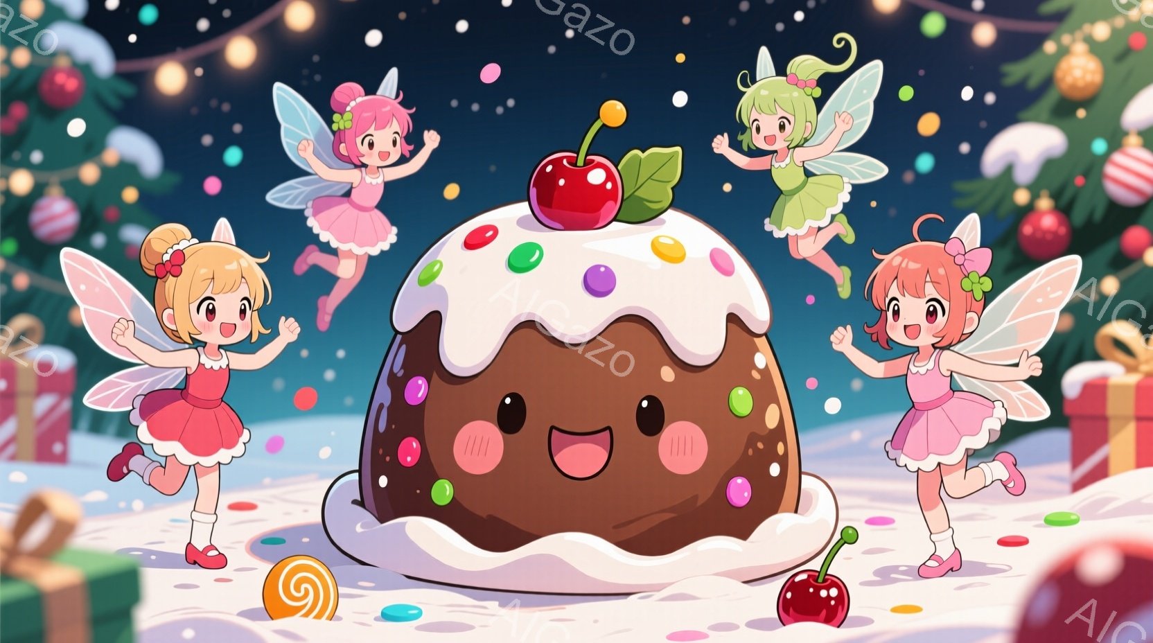可愛らしい妖精たちが、大きなケーキの周りを飛び跳ねています。ピンクと緑のドレスを着た妖精たちは、それぞれ赤いリボンで髪を結び、笑顔で手を広げています。背景には、雪が降り積もり、プレゼントの箱とキラキラ - AI生成フリー素材
