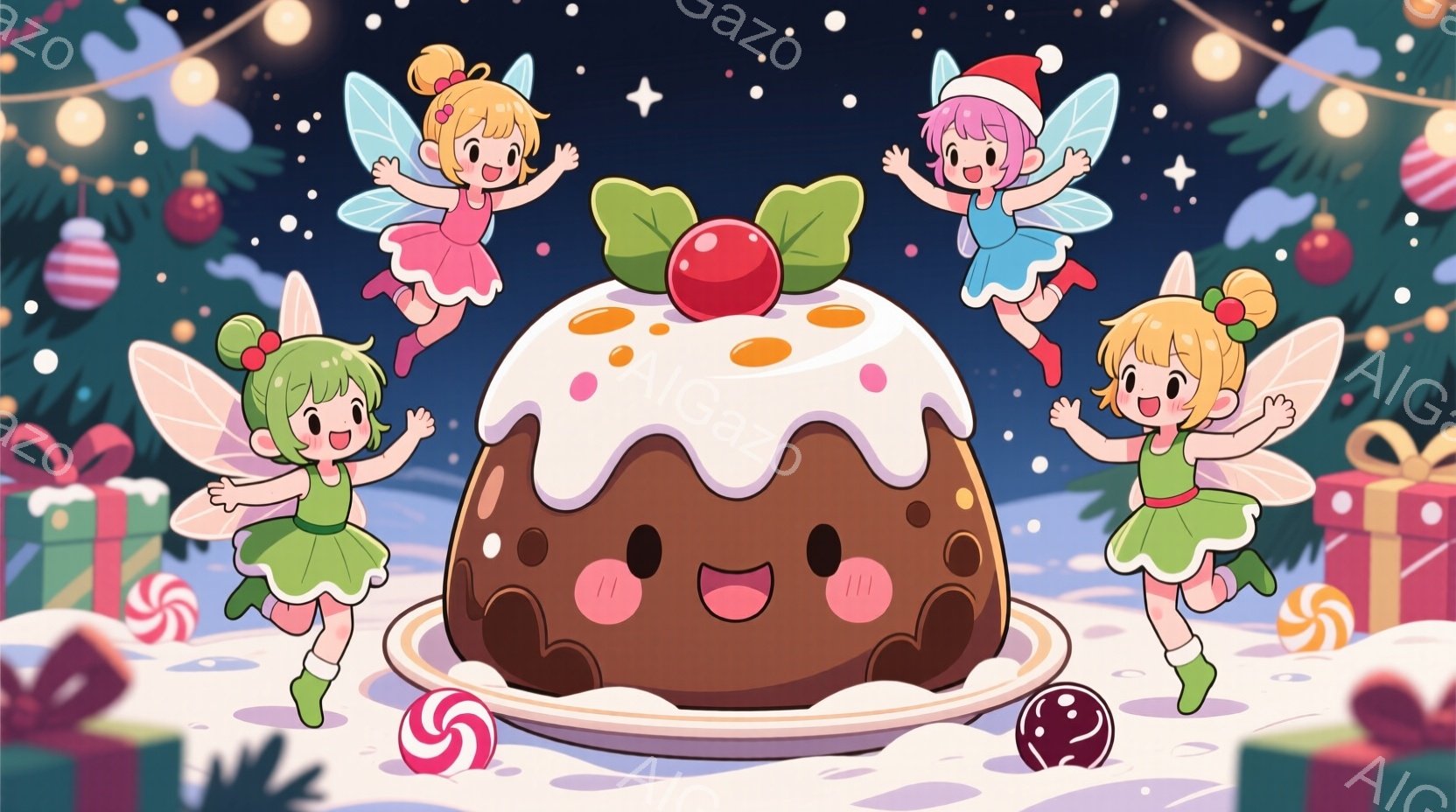 クリスマスのプレゼントとキャンディで飾られた雪景色の中に、大きなクリスマスプディングが描かれています。プディングの周りを、緑とピンクのドレスを着た、翼を持つ可愛らしい女の子たちが囲んで飛び跳ねており、 - AI生成フリー素材