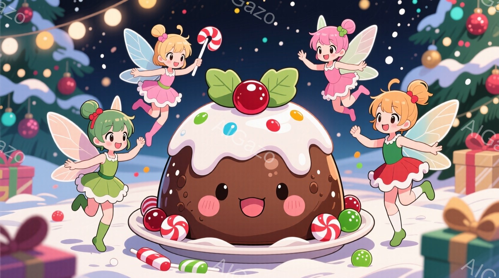 クリスマスプディングを中心に、緑とピンクのドレスを着た可愛らしい妖精たちが舞い踊っています。妖精たちは金髪の巻き毛で、それぞれキャンディケーンや花を持っており、笑顔で喜びを表現しています。背景には雪が - AI生成フリー素材