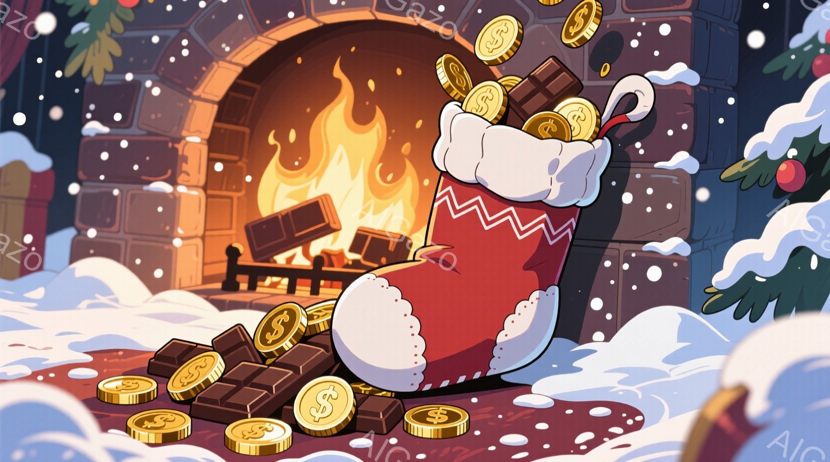 赤いクリスマスストッキングが暖炉の前にあふれ、金貨やチョコレートがこぼれ落ちている様子が描かれている。暖炉の中では炎が燃え盛り、背景には雪景色が見え、クリスマスの装飾が施された植物が添えられている。全体的に暖かく、祝祭的な雰囲気で、豊かさを象徴するようなイメージだ。