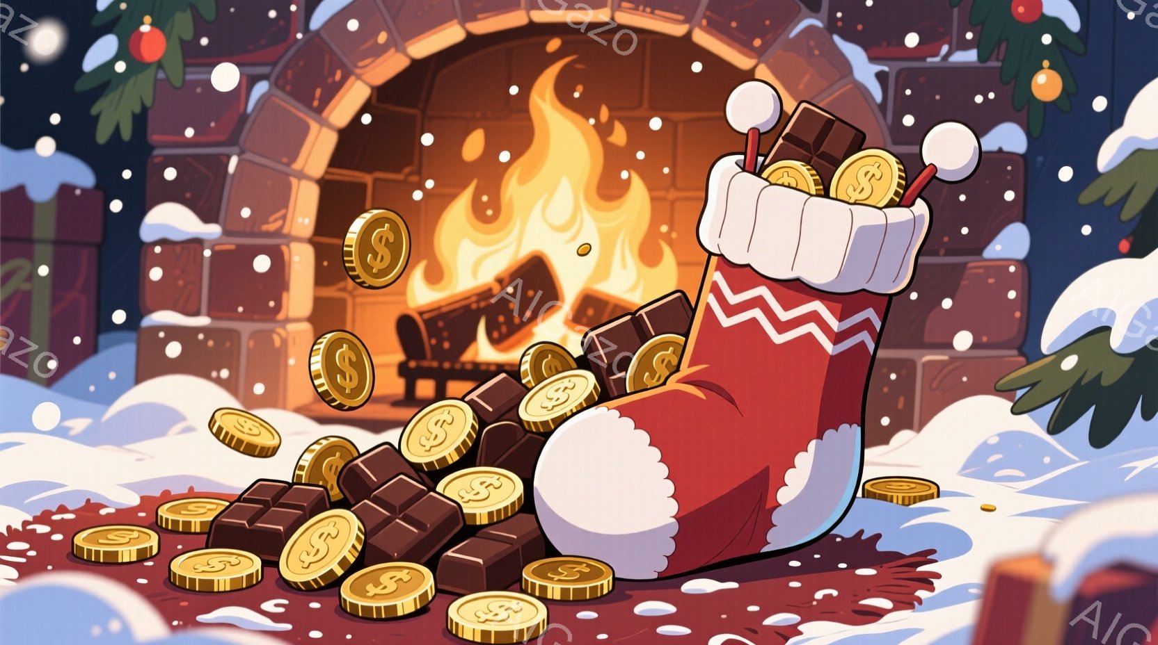 赤いクリスマスストッキングが暖炉の前に倒れており、中から金貨とチョコレートがこぼれ出しています。暖炉からは炎が燃え盛り、背景には雪が降る冬の風景が広がっています。全体的に、豊かさと祝祭の雰囲気を伝える - AI生成フリー素材