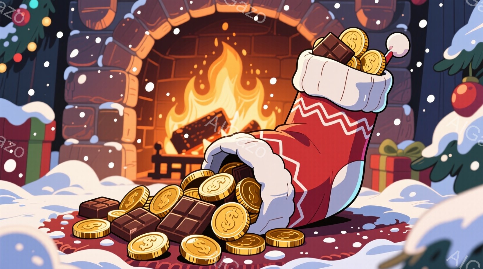 クリスマス柄の靴下が暖炉の前で開いており、中からチョコレートと金貨がこぼれ出しています。背景にはレンガ造りの暖炉と雪が舞う屋外、そしてプレゼントの箱やクリスマスツリーの飾りがぼやけて見えます。全体的に - AI生成フリー素材