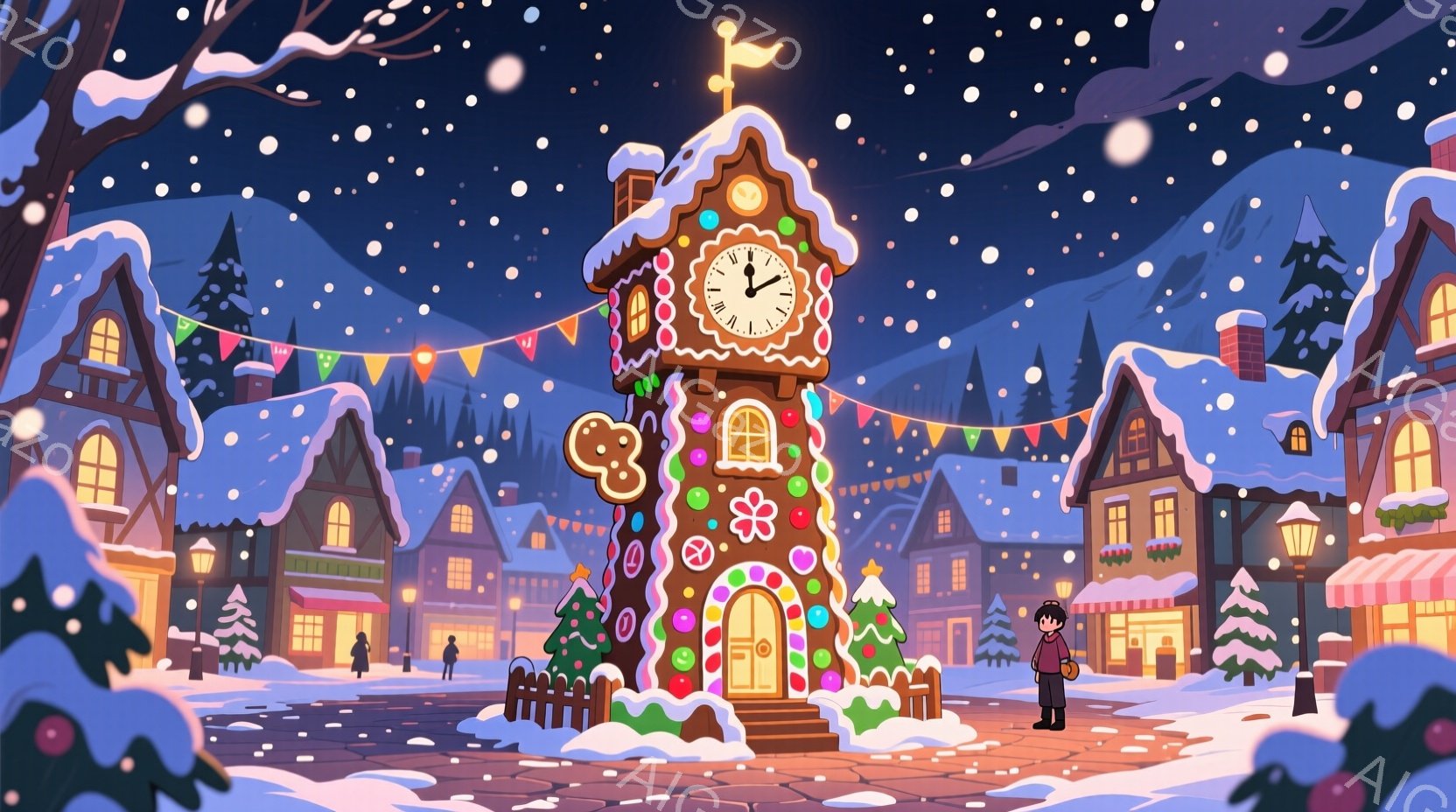 雪が降るクリスマスの街並みの中に、お菓子の家のような時計台がそびえ立っています。黒髪の少年は、赤いコートを着て時計台の前に立っており、少し顔を上げて時計台を見つめているようです。背景には、雪景色に覆われた可愛らしい建物やクリスマスツリーが並び、温かく幻想的な雰囲気が漂っています。