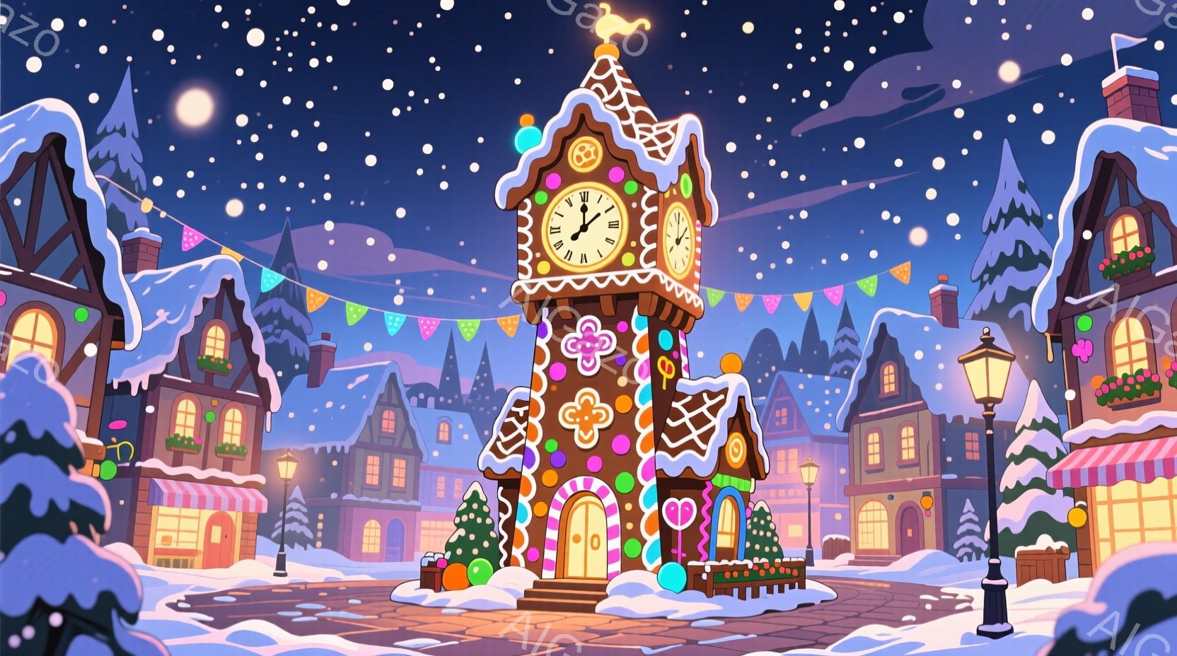雪が降り積もる幻想的な街並みを捉えています。ジンジャーブレッドハウス風の時計台が中央にそびえ立ち、周囲にはカラフルな家々が並び、夜空には星が輝いています。暖色系の光が街全体を照らし、クリスマスの飾り付けが暖かく、お祝いムードを盛り上げています。