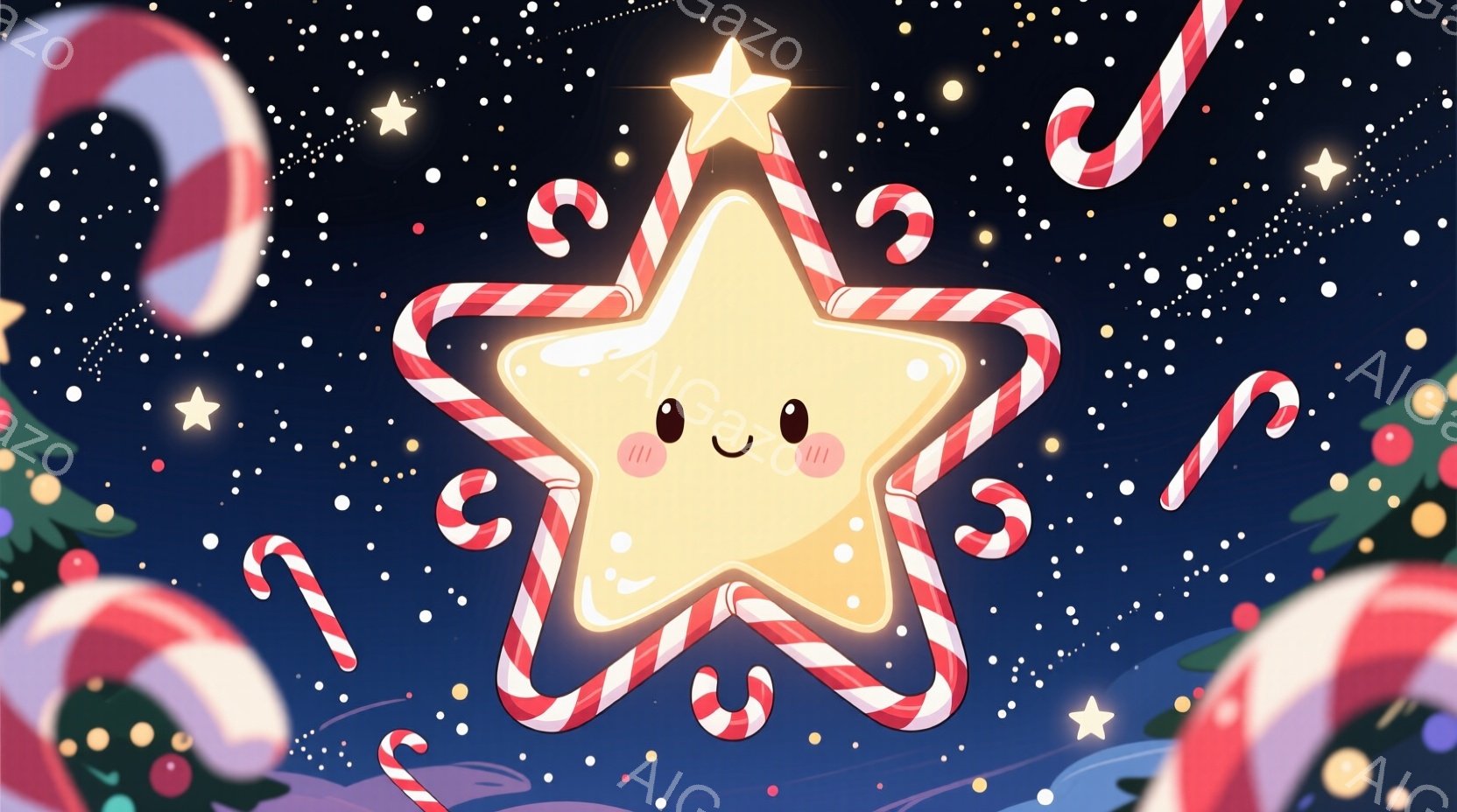明るい黄色の星が、赤と白のキャンディの縁で囲まれて浮かんでいます。星は可愛らしい笑顔とほっぺを持っており、周囲には様々な大きさのキャンディケインとキラキラ光る星が散りばめられています。背景は濃い青色で、全体的に暖かく、お祭り気分で満たされた雰囲気です。