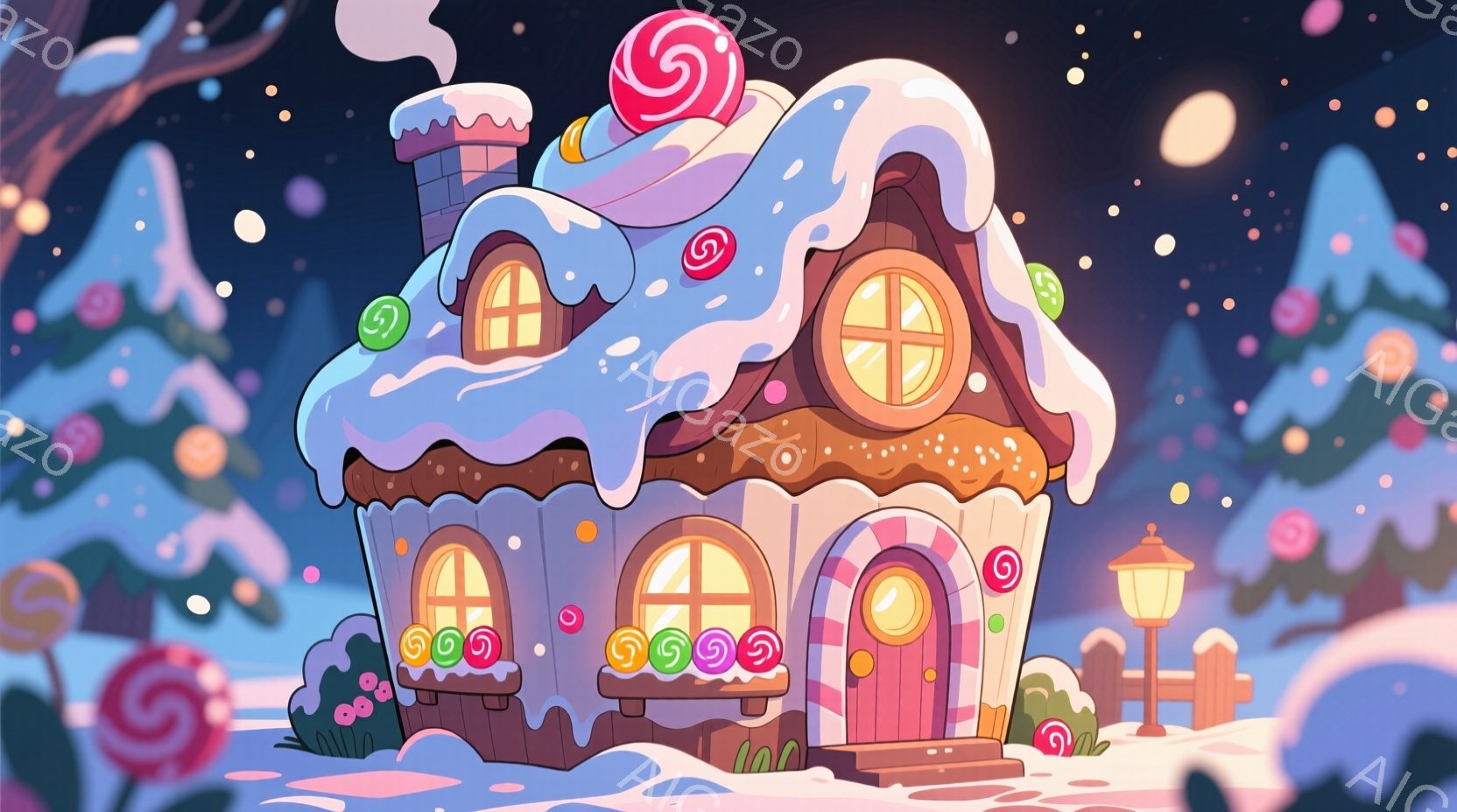 暖炉から煙が立ち上る、お菓子でできたような可愛らしい家が雪景色の中にあります。家の壁はピンクと茶色で、屋根は雪とキャンディで覆われており、まるで物語に出てくるお菓子の家です。背景には、渦巻き状の装飾が施されたクリスマスツリーのような植物があり、全体的に暖かく、夢のような雰囲気を醸し出しています。
