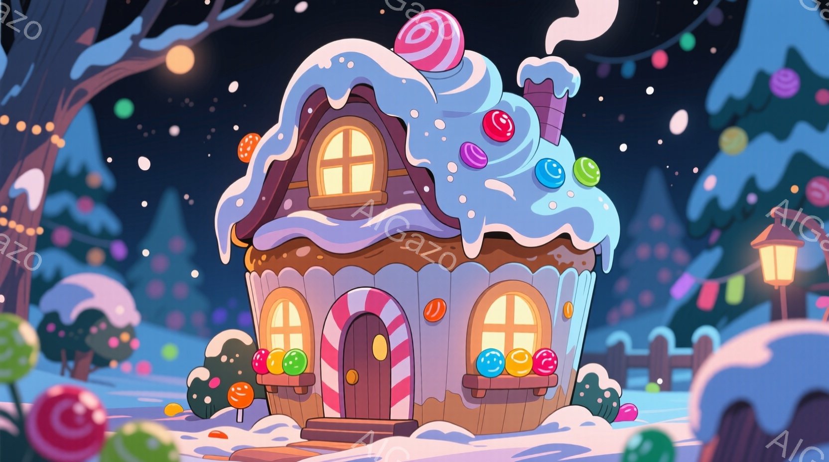 雪が降る夜の、お菓子でできた家が描かれています。屋根はクリームで覆われ、キャンディーやクッキーが飾り付けられています。背景には、雪に覆われた木々と、遠くにぼんやりと見える別の家が見え、まるで絵本の中の暖かい世界が広がっています。