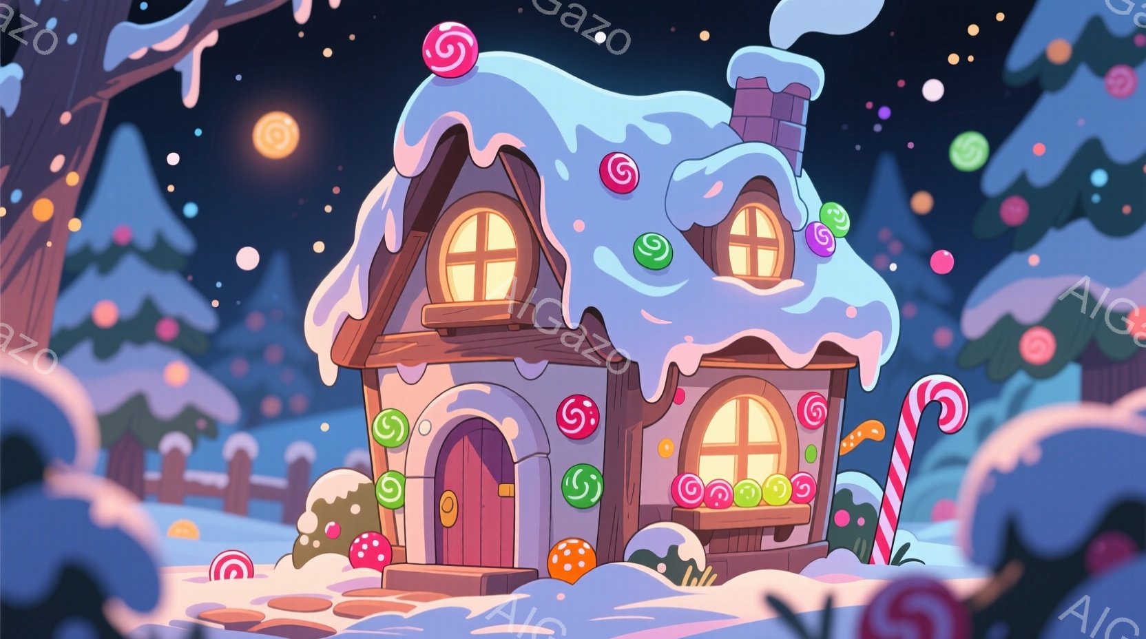 雪が降る幻想的な風景の中に、お菓子の家が建っています。屋根はまるでクリームで覆われ、キャンディやグミが飾り付けられており、可愛らしい雰囲気です。背景には針葉樹の森が広がり、丸い光が舞い、まるで物語の世界のようです。