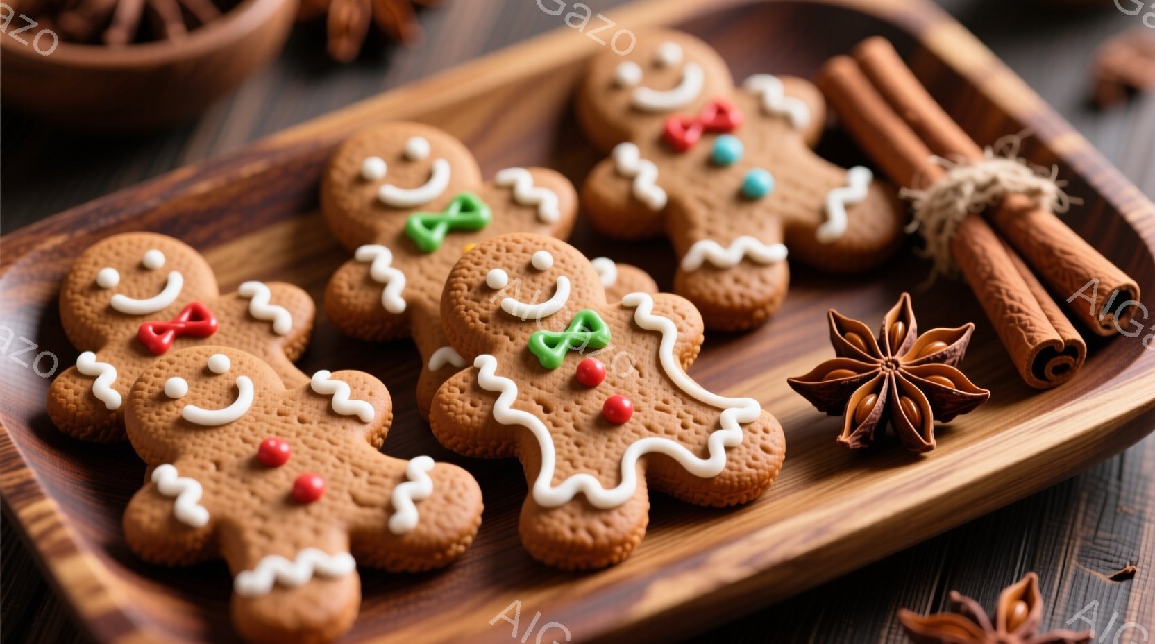 焼き色のついたジンジャーブレッドマンが木製のトレイの上に並べられています。それぞれ白のアイシングで装飾され、赤や緑の小さなキャンディでアクセントがつけられています。背景にはシナモンスティックと八角星が添えられ、冬の暖かさとクリスマスの雰囲気を醸し出しています。
