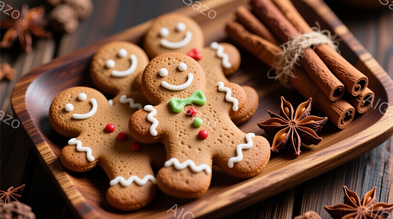 焼き色のついたジンジャーブレッドマンが、木製のプレートの上に整然と並べられています。白いアイシングで顔や服の装飾が施され、可愛らしい表情をしています。背景には、スターアニスやシナモンスティックが散りば - AI生成フリー素材