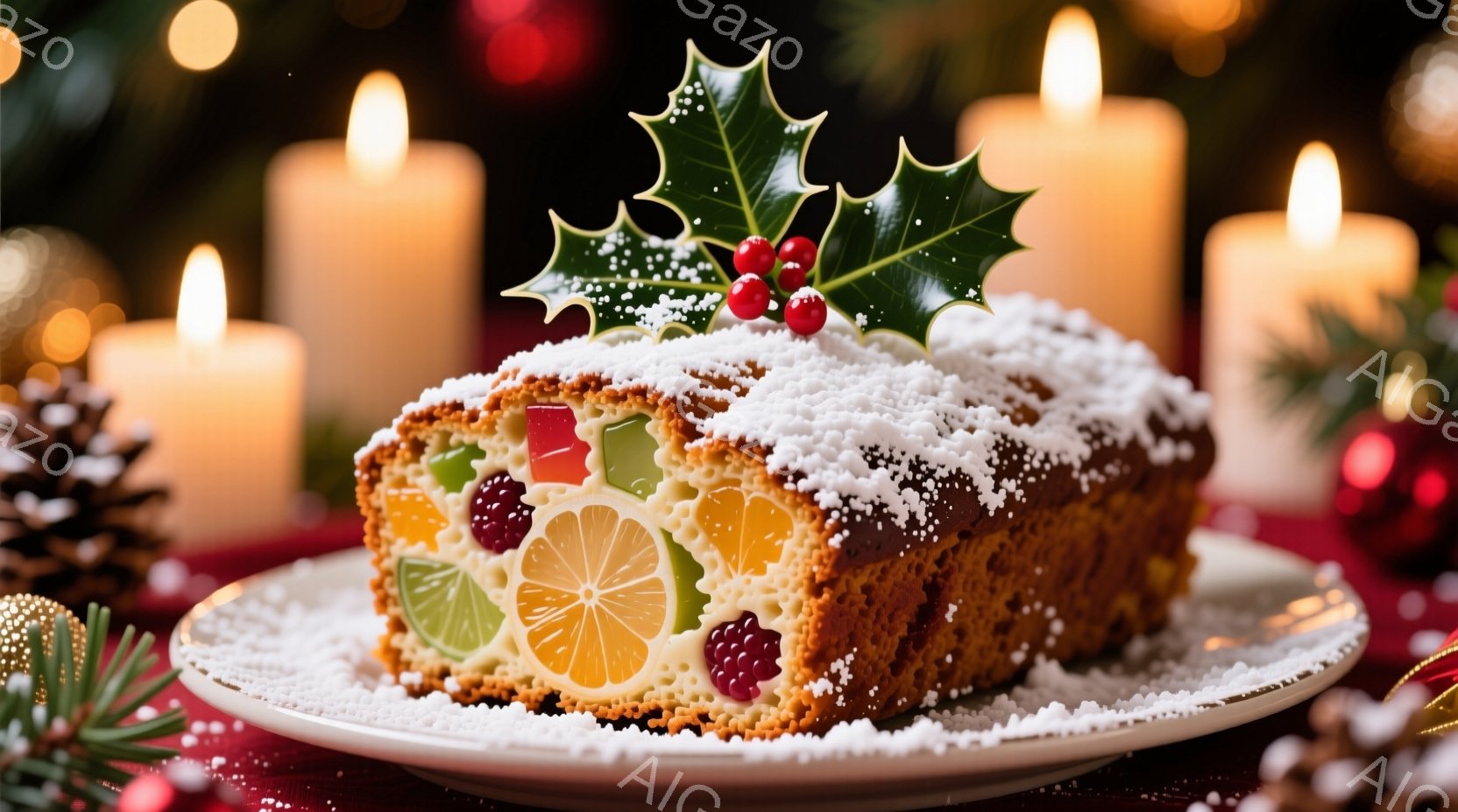 クリスマスプディングが白い皿に載せられ、粉砂糖で覆われています。プディングの断面には、オレンジやレモンのようなカラフルなフルーツが円形に並んでおり、赤い実と緑の葉で飾られています。背景にはぼやけたキャンドルの光と、暗い赤色の背景があり、華やかで温かいクリスマスの雰囲気を醸し出しています。