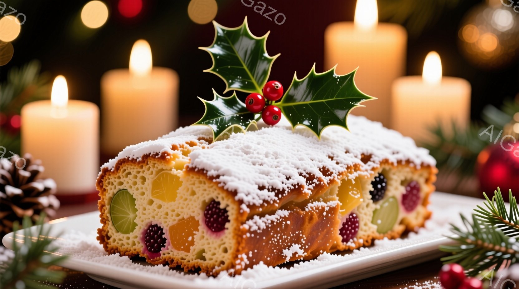 鮮やかな色のフルーツがぎっしり詰まったクリスマスケーキが、白い粉砂糖で覆われ、背景には温かい光を放つキャンドルが並んでいます。ケーキの上には、赤い実が飾られたホーリーが添えられ、クリスマスの温かく華や - AI生成フリー素材
