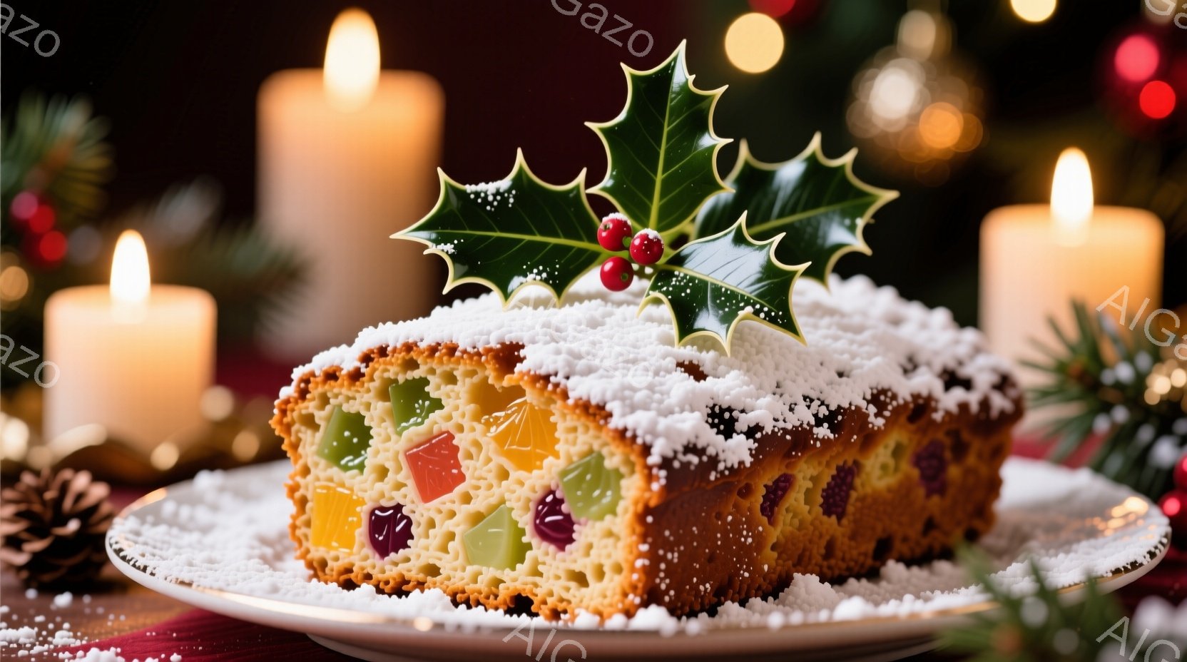 鮮やかな色合いのフルーツが散りばめられた、雪をかぶったクリスマスケーキが、白いお皿の上に置かれています。背景には、ぼんやりとした光のぼかしと、クリスマスオーナメントやキャンドルの暖かな光が広がり、お祝いの雰囲気を醸し出しています。赤い実のついたホーリーがケーキを飾り、冬の喜びと祝祭感を高めています。