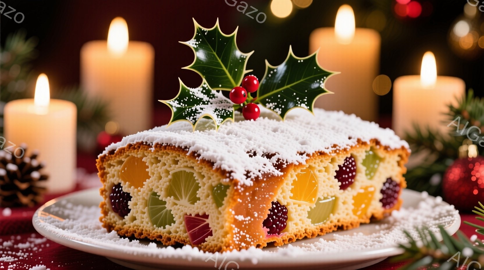 美しいクリスマスケーキが白い皿に飾られています。ケーキはカラフルなフルーツで飾られ、粉砂糖で覆われて雪景色を思わせます。背景には、ぼやけたキャンドルの光とクリスマスの装飾が暖かく、お祝いの雰囲気を醸し - AI生成フリー素材