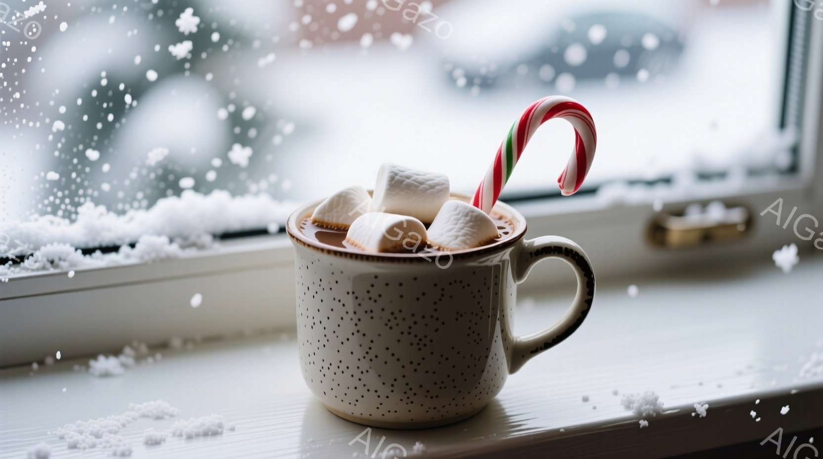 白い窓辺に置かれた素朴な陶器のマグカップからは、ふっくらとしたマシュマロと赤と白のキャンディケーンが覗いています。背景には雪が降り積もるぼやけた景色が広がり、冬の暖かく穏やかな雰囲気を醸し出しています。全体的に、雪の日の温かい飲み物でリラックスした瞬間を捉えた、心地よいイメージです。