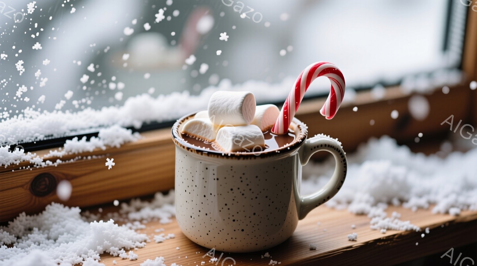 白い斑点模様のマグカップに、マシュマロとキャンディケーンが飾られたホットチョコレートが写っている。窓枠に積もる雪が、冬の暖かく心地よい雰囲気を醸し出している。木製の窓枠と雪景色が、温かい飲み物と調和し - AI生成フリー素材