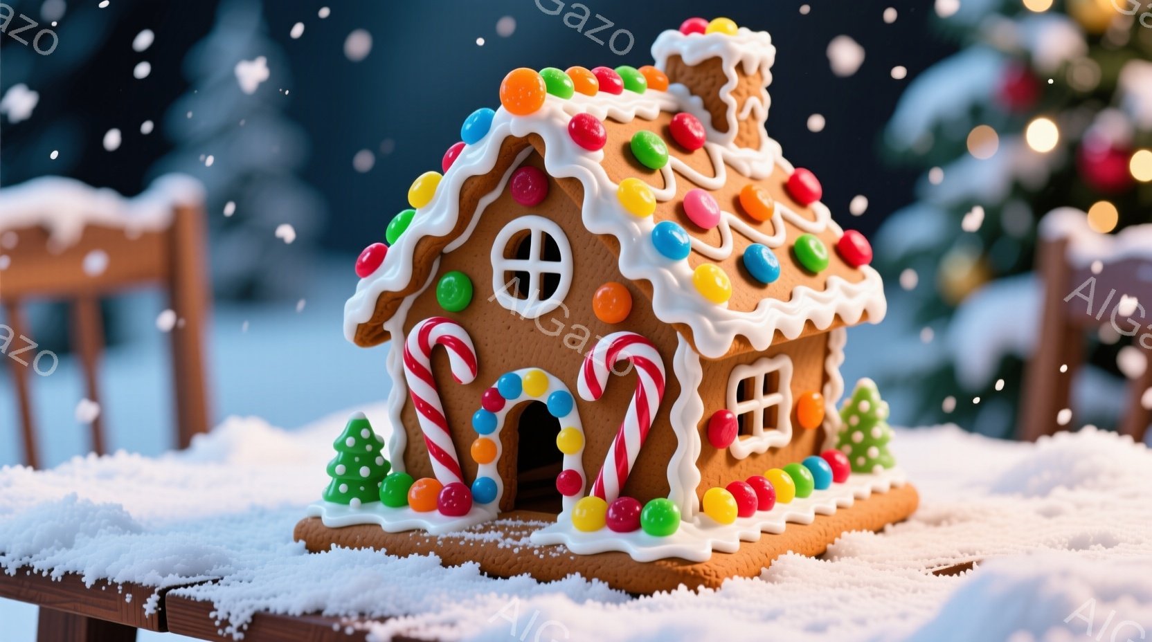 ジンジャーブレッドで作られた可愛らしい家が、雪が積もった木のテーブルの上に置かれています。屋根にはカラフルなキャンディーやチョコレートが飾り付けられ、正面にはペパーミントキャンディーが2本立っています。背景にはぼやけたクリスマスツリーの光が見え、全体的に温かく、お祝いムードに満ちた雰囲気です。