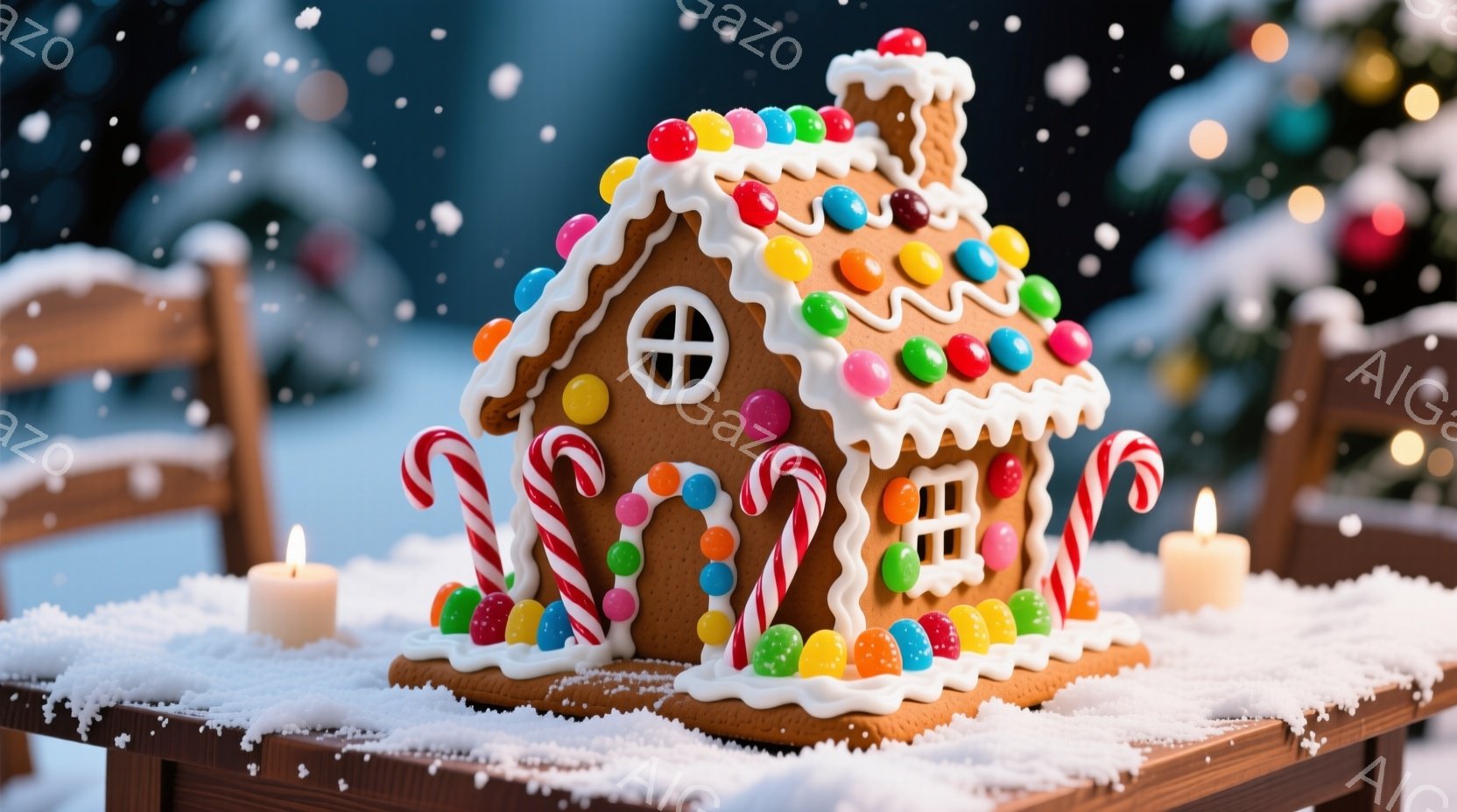 ジンジャーブレッドで作られた可愛らしい家が、雪の積もった木製のテーブルの上に置かれています。カラフルなキャンディーやチョコレートで飾られ、屋根には様々な色のものが並び、正面には窓が一つあります。背景に - AI生成フリー素材