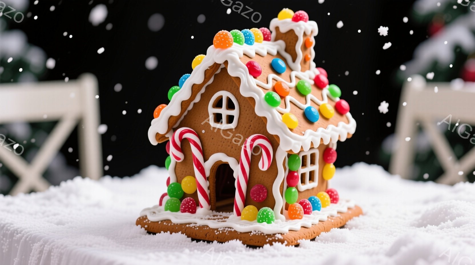ジンジャーブレッドで作られた可愛らしい家が、白い雪のような背景の上に置かれています。家の屋根はカラフルなキャンディーで飾られ、ドアにはペパーミントキャンディがぶら下がっています。背景にはぼやけた緑色の - AI生成フリー素材