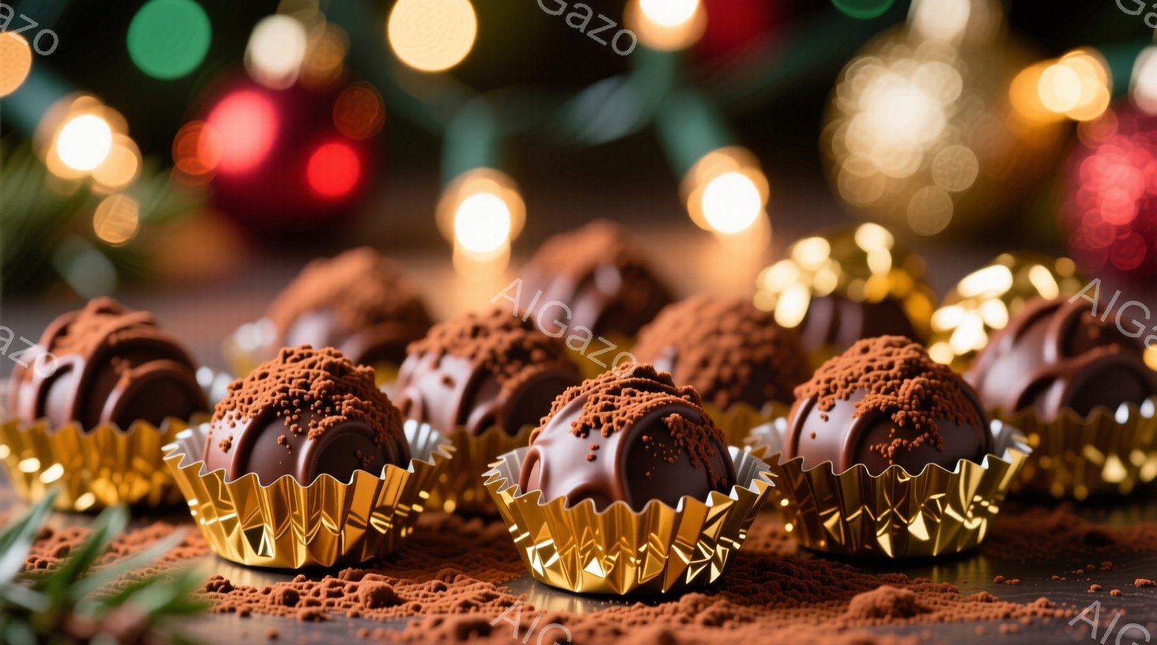 チョコレートのトリュフが金色のカップに入って並べられており、ココアパウダーが散りばめられた暗い表面に置かれています。背景はぼやけた光のぼかしで、暖かくお祝いの雰囲気を作り出しています。全体的に、これは - AI生成フリー素材