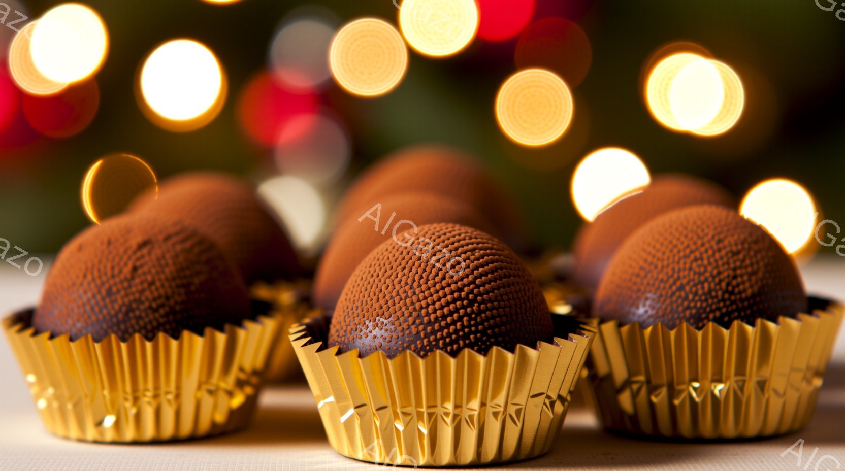 チョコレートが紙製の金色カップに入って並べられています。背景はぼやけた光の球で、温かくお祝いのような雰囲気を醸し出しています。チョコレートはココアパウダーで覆われ、食欲をそそる外観です。