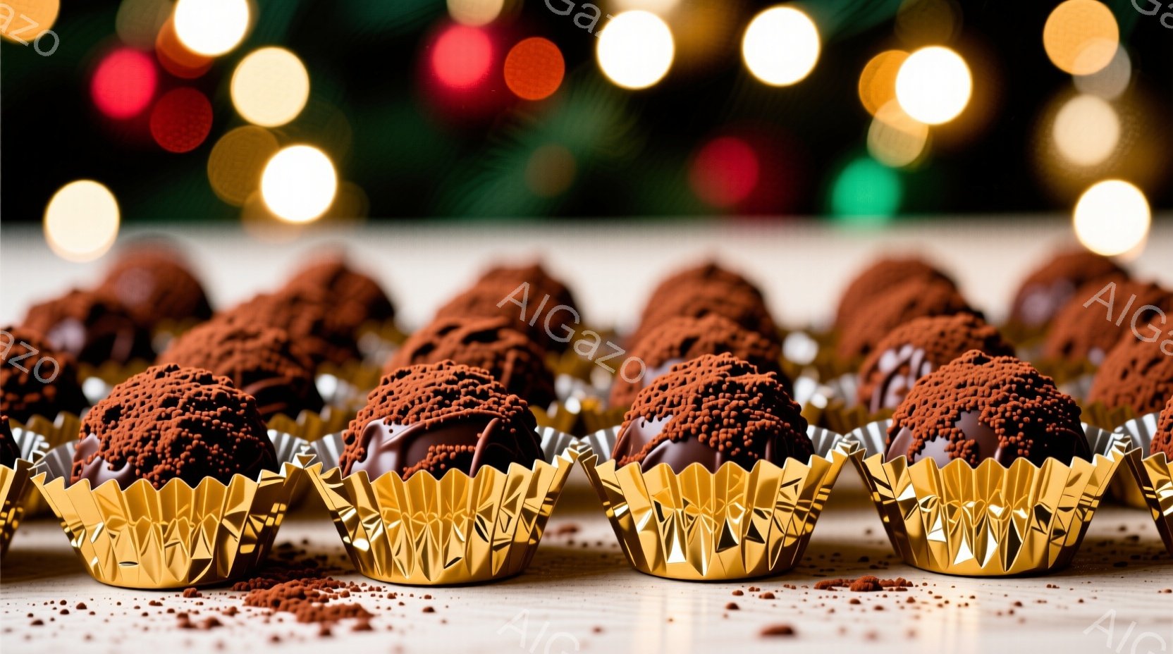 チョコレートのトリュフが、金色の紙製のカップに入って一列に並べられています。トリュフはダークチョコレートでコーティングされ、表面がココアパウダーで覆われており、周囲には細かく砕いたチョコレートパウダー - AI生成フリー素材