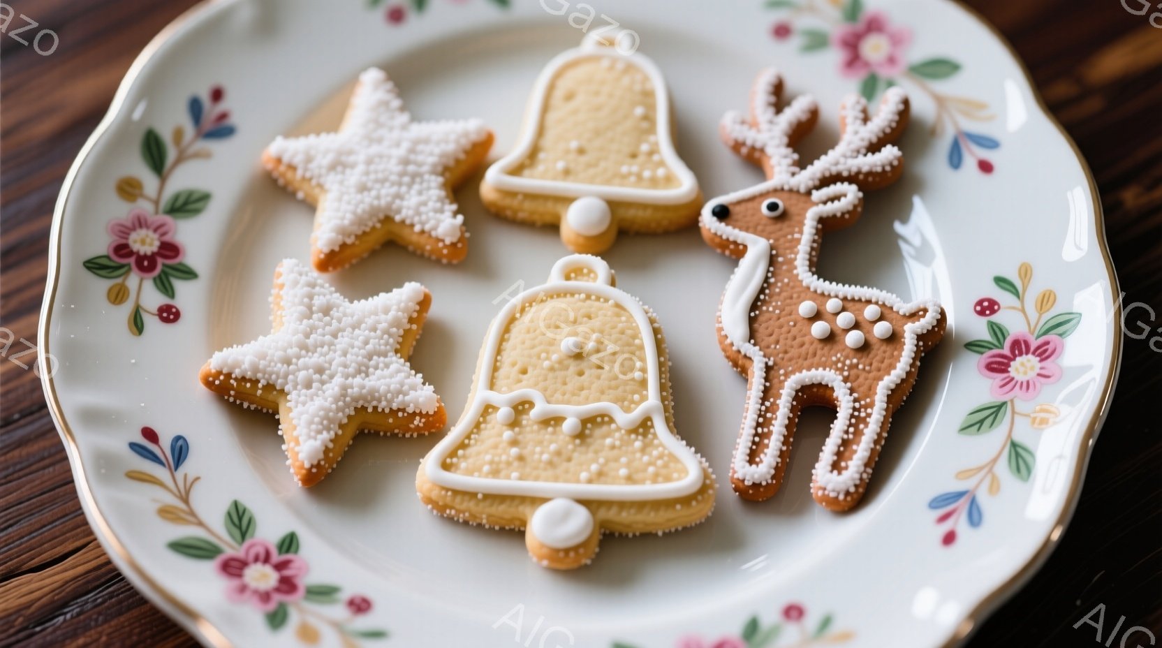 白地に赤い花模様の縁取りが施された丸いお皿の上に、星型、ベル型、そして鹿型のクッキーが置かれています。クッキーはアイシングと白い粒状の砂糖で飾られ、それぞれに小さな白い飾り付けが施されています。背景は木製のテーブルで、暖かく、お祝いの雰囲気が漂っています。