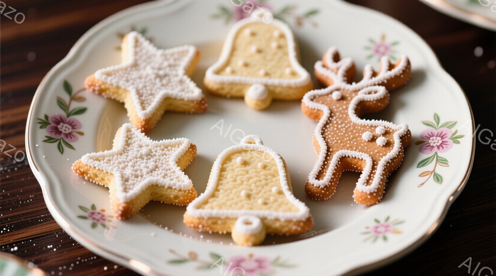白い縁取りが施されたクリスマスをテーマにしたクッキーが、花柄の縁が美しい白い皿に並べられています。星型、ベル型、トナカイ型のクッキーは、均一に焼き上げられ、繊細なアイシングと、星型のクッキーに散りばめられたアラザンが特徴です。木製のテーブルの上で、暖かく、お祝いの雰囲気が漂っています。