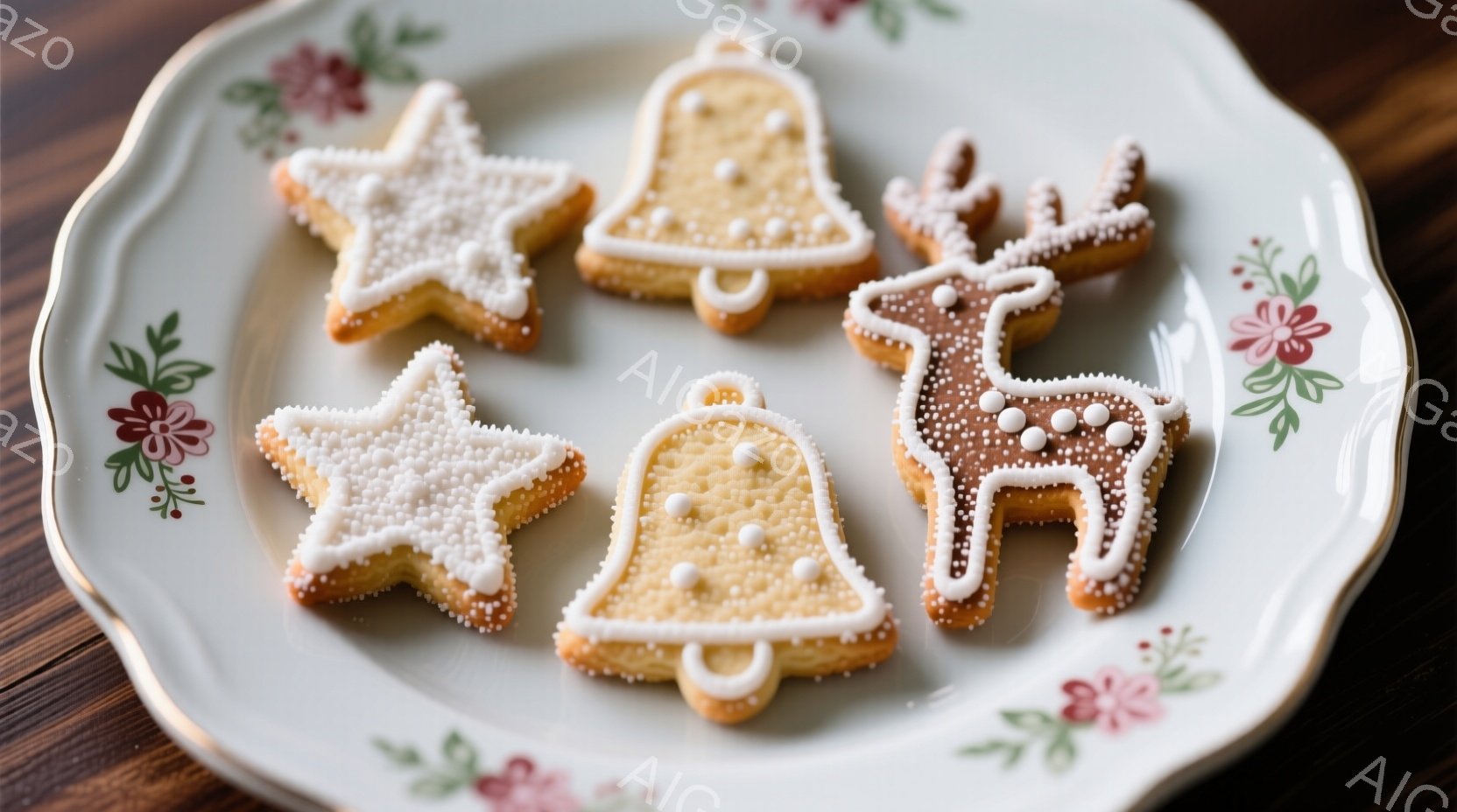 白い皿の上に、星型やハート型のジンジャーブレッドクッキーが並べられています。背景は木製のテーブルで、ホーリーとオレンジのドライフルーツが飾られ、クリスマスの温かく、居心地の良い雰囲気を醸し出しています - AI生成フリー素材