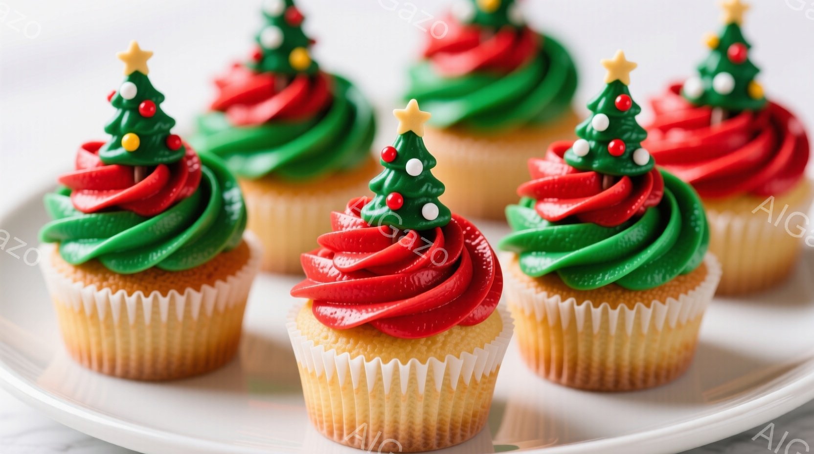 白い皿の上に、クリスマスツリーを模した可愛らしいカップケーキが並んでいます。緑と赤のアイシングでデコレーションされ、金色の星が頂上に飾られています。カップケーキの紙製の容器は、クリーム色と金色のストライプが特徴的で、全体的に温かく、お祝いの雰囲気を醸し出しています。