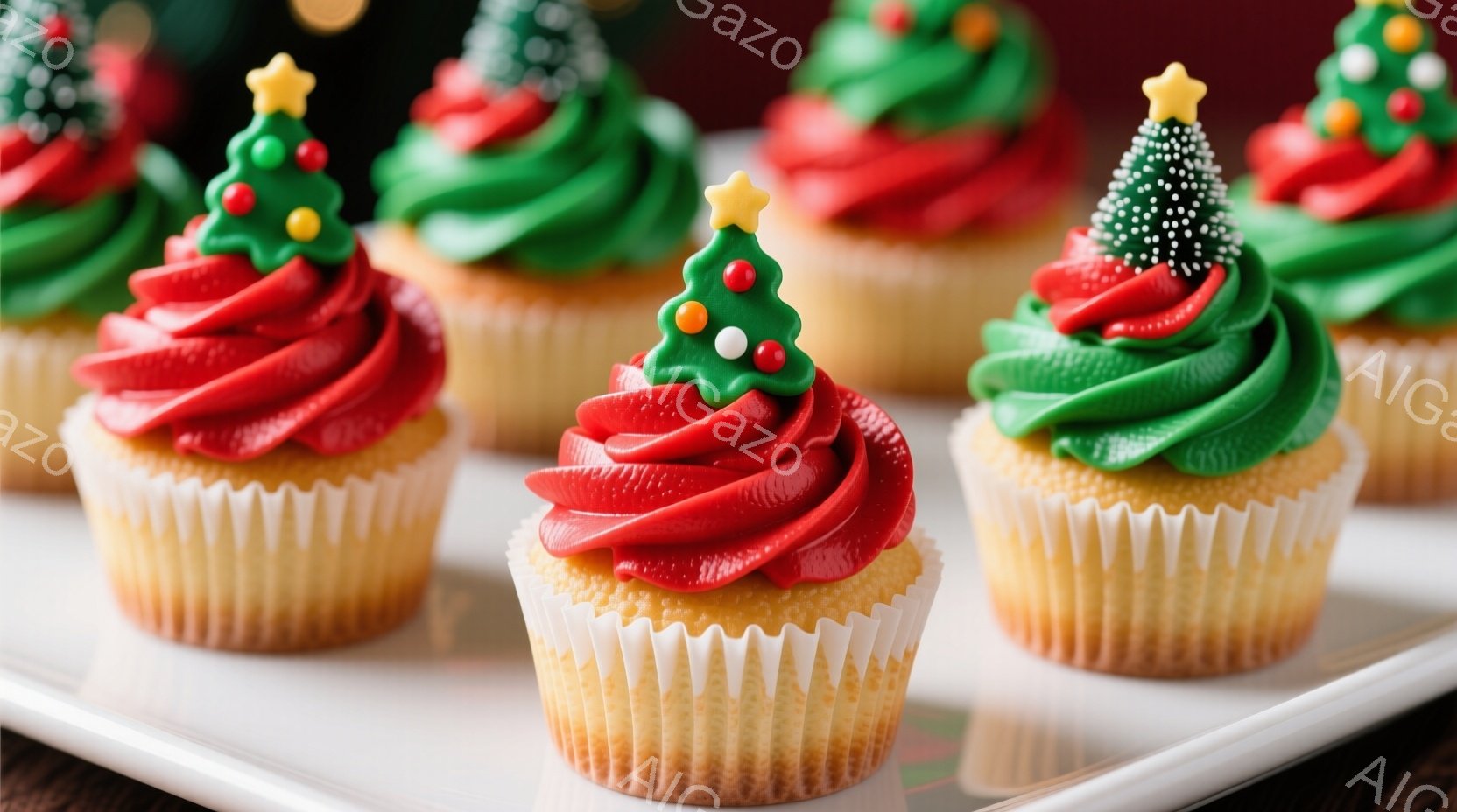 白い皿の上に、クリスマスのデコレーションがされたカップケーキが並んでいます。赤と緑のクリームが渦巻き状に高く盛り付けられ、それぞれに小さなクリスマスツリー型のトッピングが乗せられています。背景はぼやけ - AI生成フリー素材