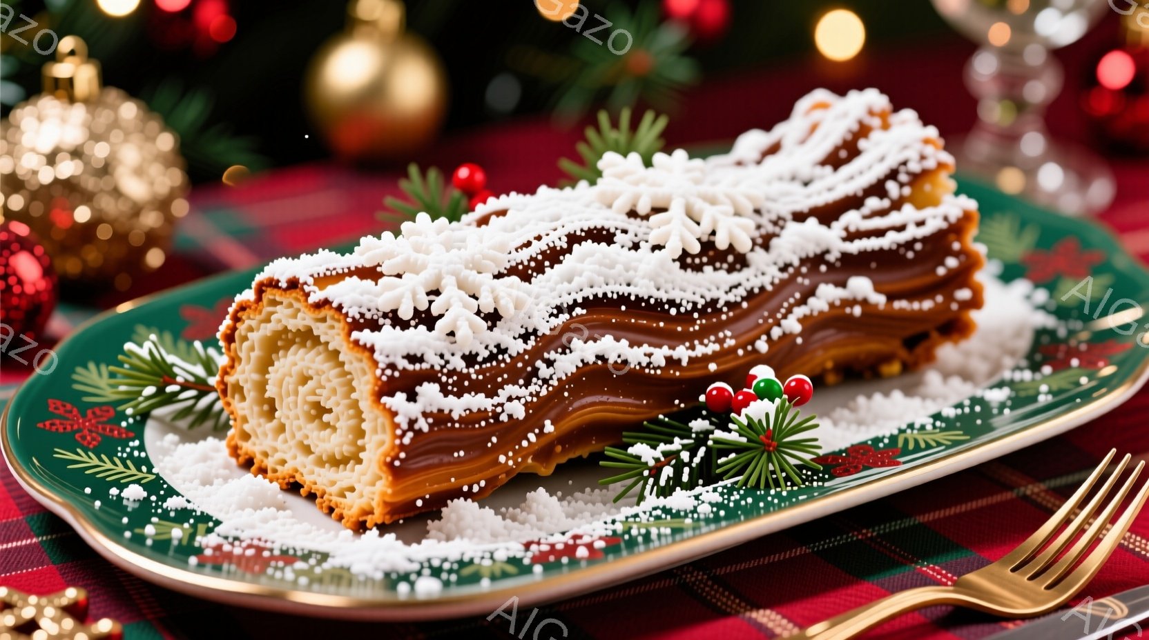 鮮やかな緑色のプレートの上に、雪を模した粉砂糖が散りばめられたブッシュ・ド・ノエルが置かれています。チョコレートのアイシングが枝の模様を描き、ケーキ全体がクリスマスの雰囲気を醸し出しています。背景には - AI生成フリー素材