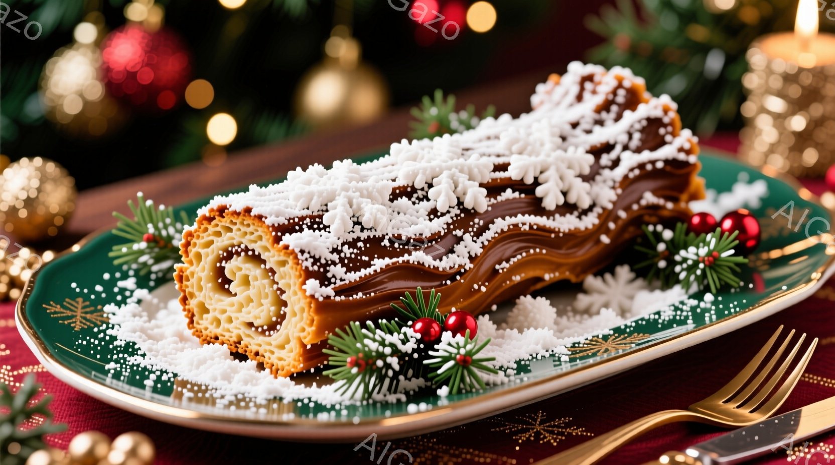 クリスマスケーキであるブッシュ・ド・ノエルが、緑色の縁取りのある白い皿に飾られています。ケーキはチョコレート色のアイシングで覆われ、白い粉砂糖が雪のように降り積もっています。背景は赤い布とぼやけたクリ - AI生成フリー素材