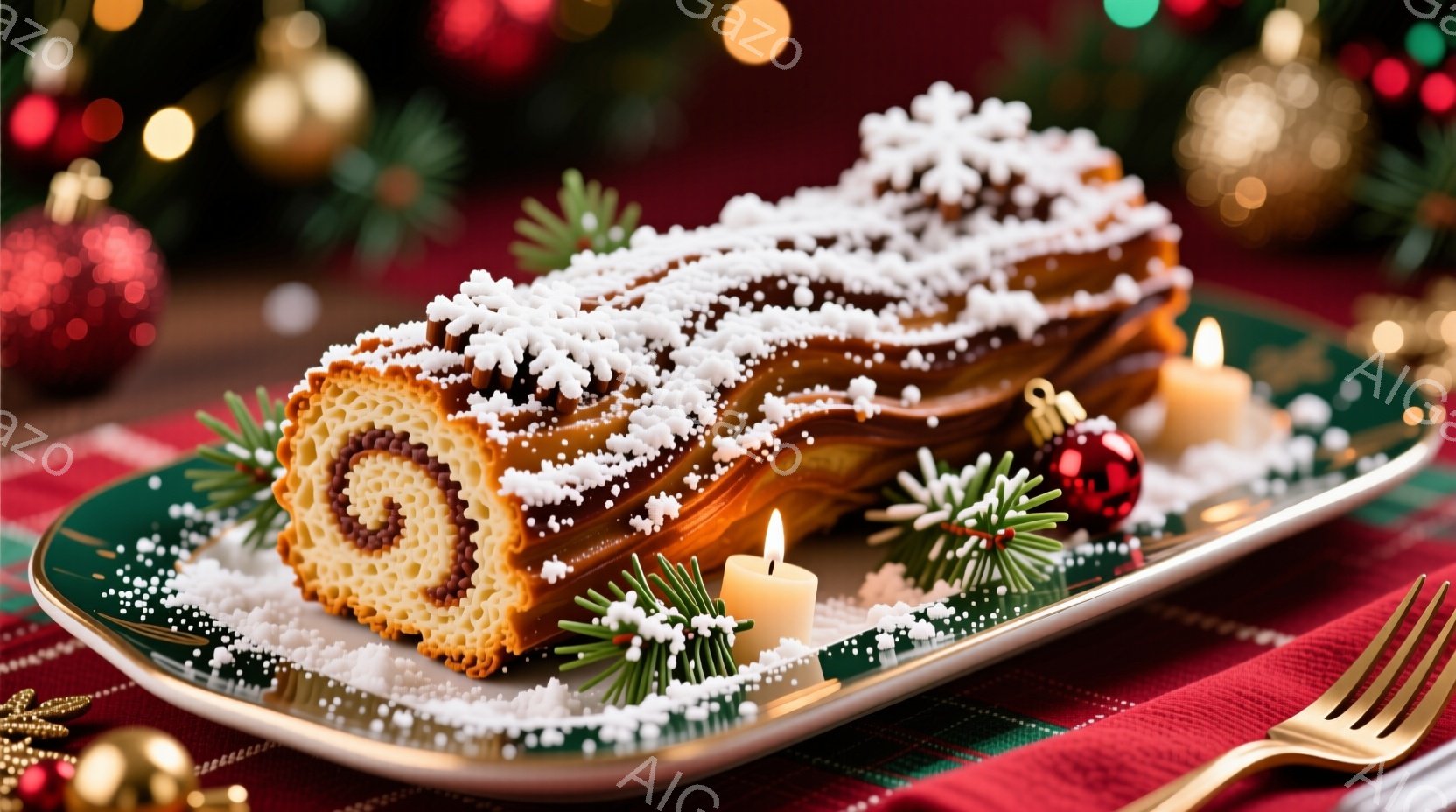 クリスマスらしいロールケーキが皿に盛られています。ケーキは茶色と白の渦巻き模様で、粉砂糖で覆われ、緑色の葉っぱの飾りと小さなキャンドルで飾られています。背景には、ぼやけたクリスマスツリーのオーナメントと赤い布が見え、温かく、お祝いムードを醸し出しています。