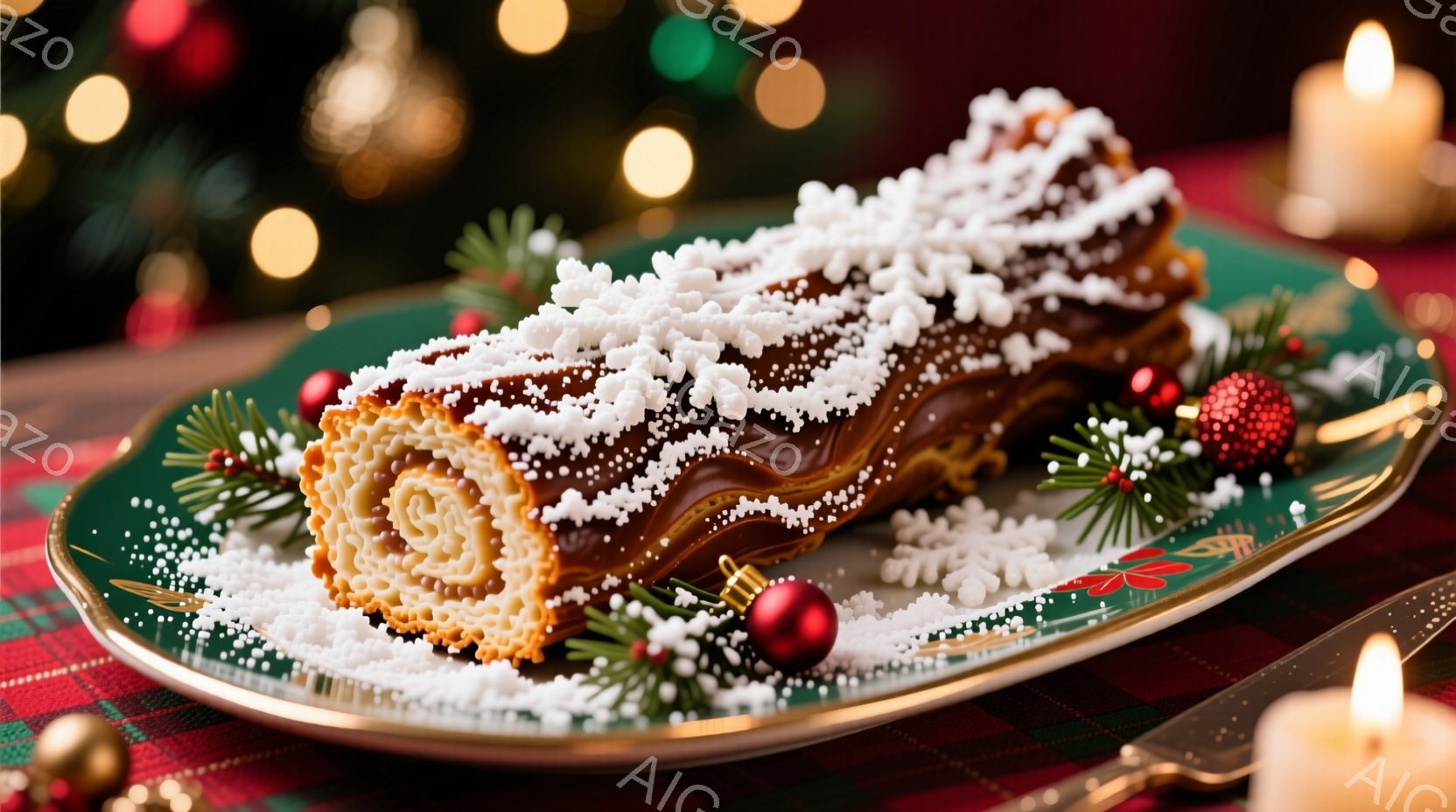 焼き色のついたチョコレートチップクッキーが、赤いリボンで結ばれて積み重ねられています。クッキーの周りには、こぼれたチョコレートチップが散らばり、その隣にはグラスに入った冷たい牛乳が置かれています。背景 - AI生成フリー素材