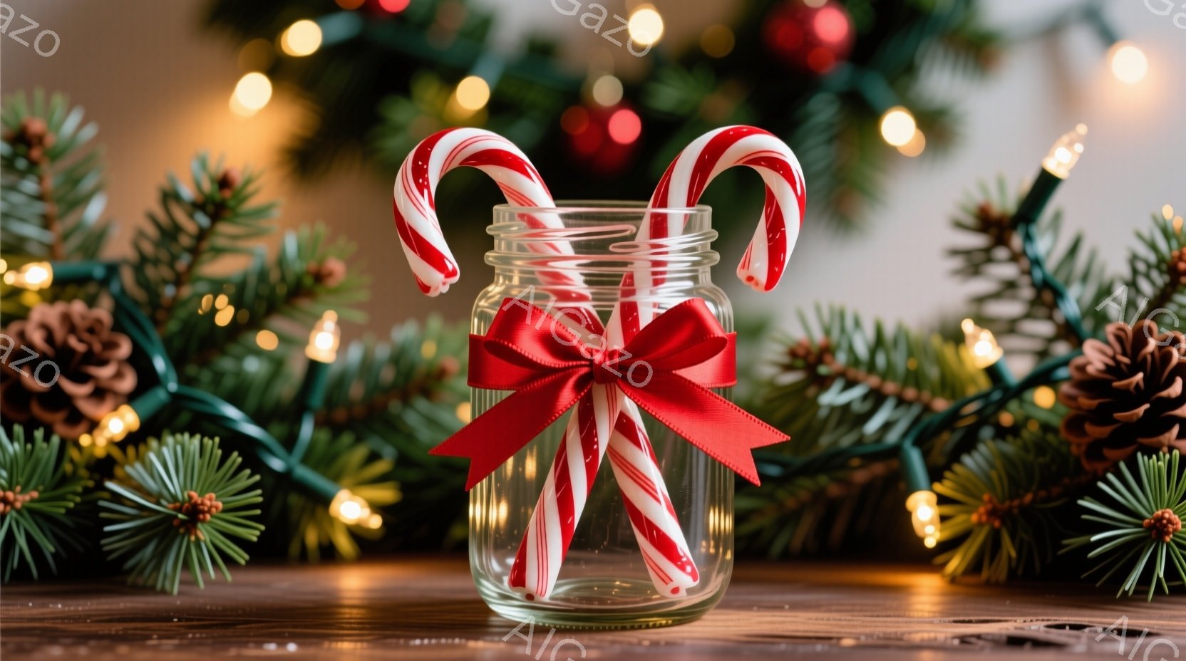 透明なメイソンジャーの中に、赤と白のストライプが特徴的なキャンディケーンが数本入っており、赤いリボンで可愛らしく飾られています。背景には緑色の葉っぱと松ぼっくり、そして暖かく輝く電飾が散りばめられており、クリスマスの雰囲気を醸し出しています。木製のテーブルの上に置かれたこの構図は、冬の穏やかさと温かさを感じさせます。
