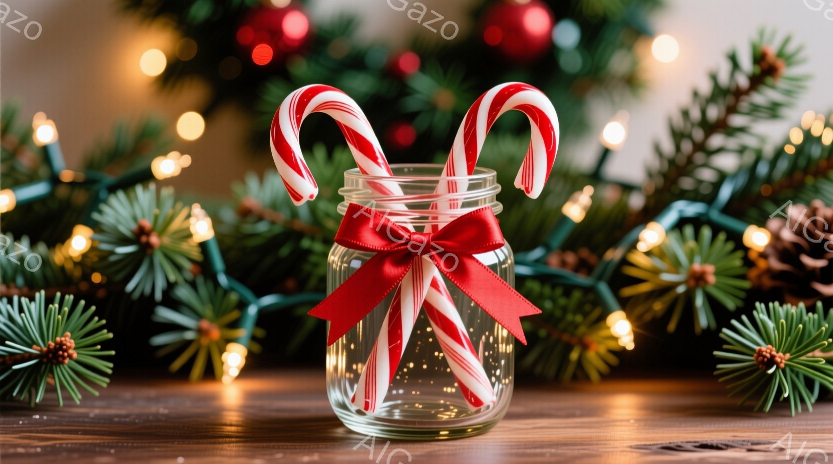 鮮やかな赤いリボンで飾られた透明な瓶の中に、いくつかのペパーミントキャンディが入っています。背景には、光り輝くクリスマスツリーの飾りと、木製のテーブルが写っており、暖かく、お祝いムードを醸し出しています。全体的に、クリスマスの季節感を強調した、静かで美しい光景です。