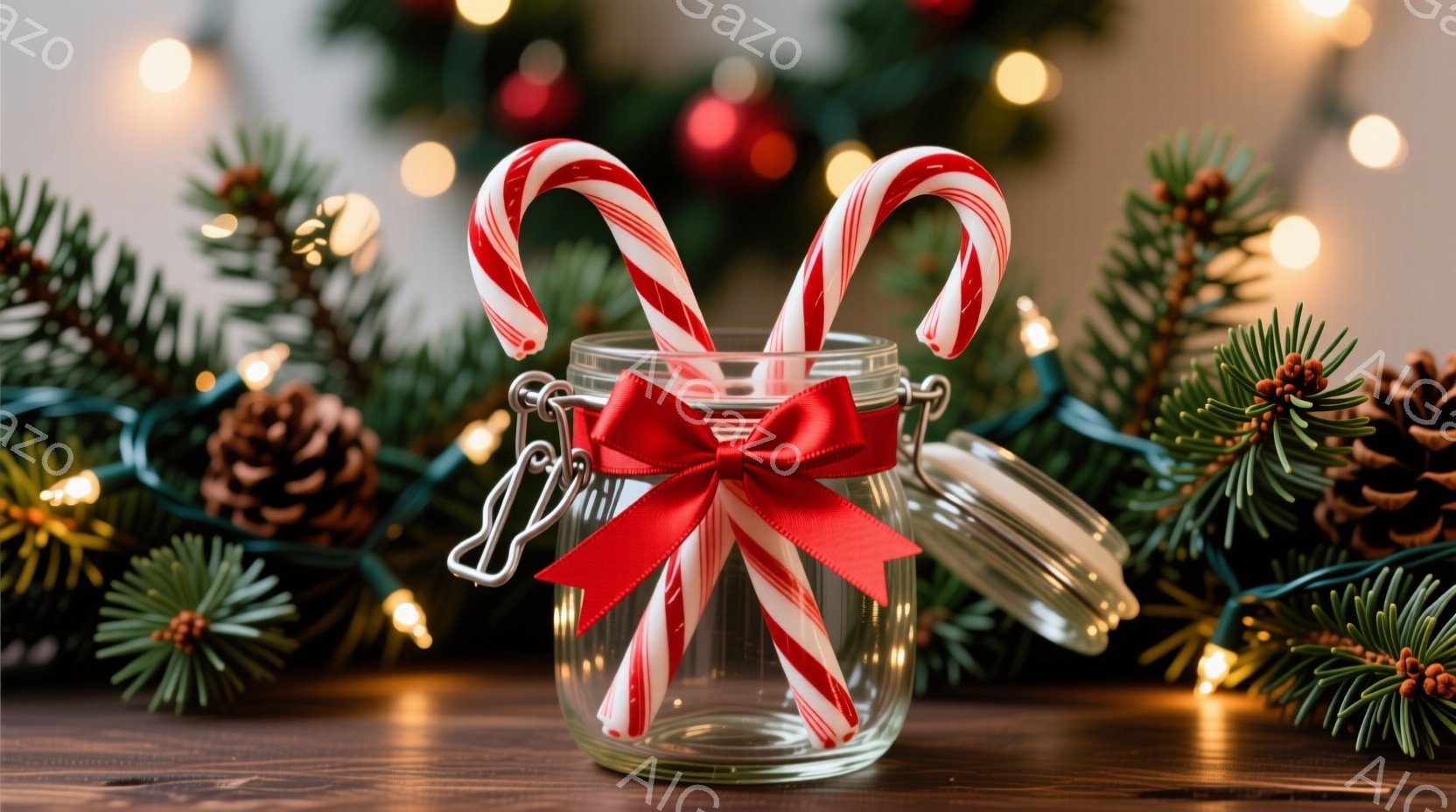 縞模様のキャンディケーンが透明なガラス瓶に入っており、赤いリボンで飾られています。背景には、クリスマスツリーの枝や松ぼっくり、光る電飾があり、木製のテーブルの上に置かれています。全体的に温かく、クリスマスの雰囲気が漂う、可愛らしい構図です。