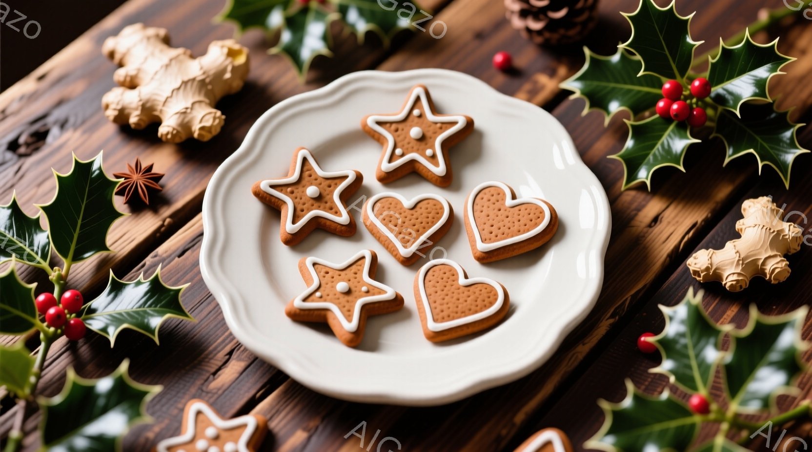 濃い木製のテーブルの上に、アイシングで飾られた星形とハート形のクッキーが白いお皿に乗せられています。周りには、鮮やかな赤い実をつけるヒイラギ、シナモンスティック、生姜の塊などが配置され、クリスマスの雰 - AI生成フリー素材
