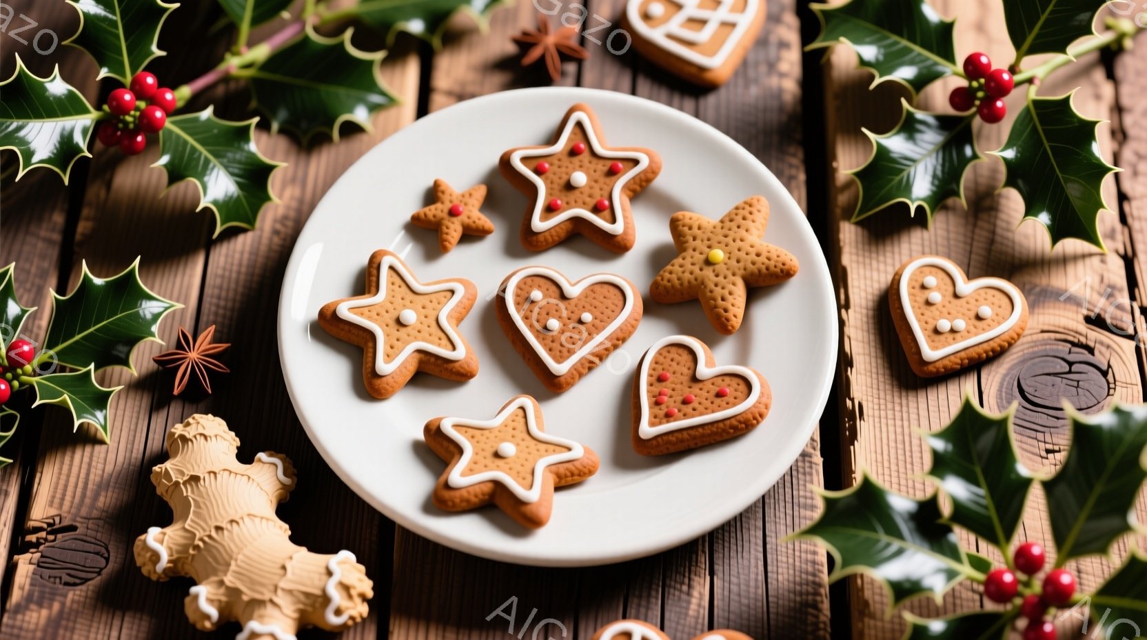 濃い木のテーブルの上に白い皿が置かれ、星形やハート形、ジンジャーブレッドマンのクッキーが散りばめられています。ホーリーの葉と実がクッキーの周りを飾り、クリスマスの温かくお祝いムードを醸し出しています。全体的に、暖色系の色調で、冬のホリデーシーズンの心地よさを感じさせます。