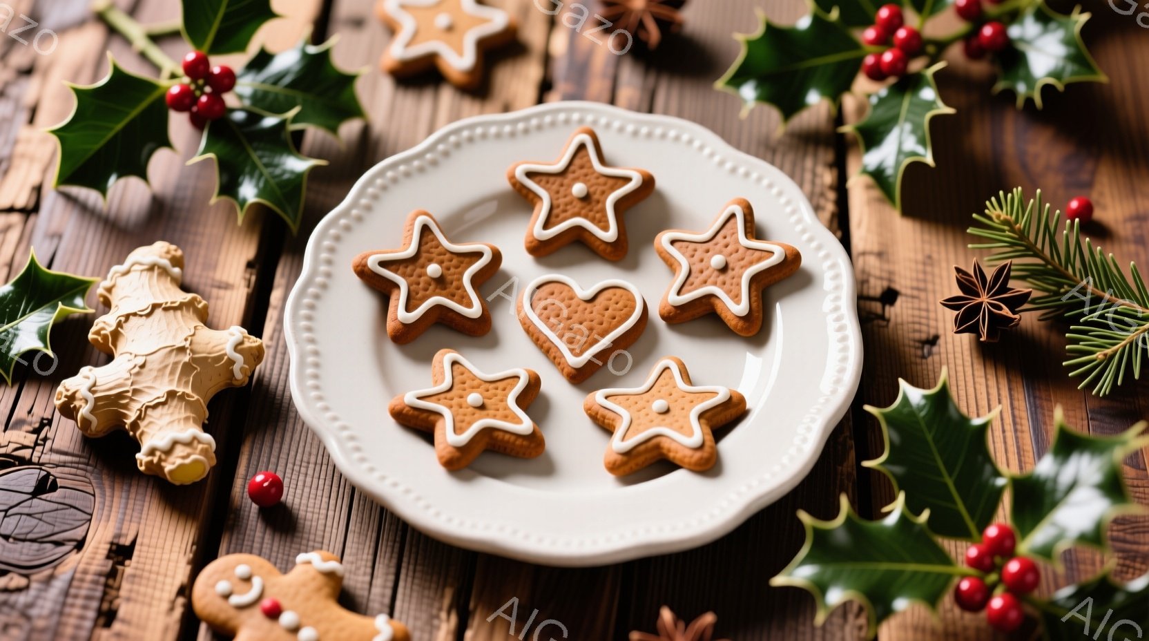 温かみのある木製の背景に、アイシングで飾られたジンジャーブレッドクッキーが並べられています。クッキーは星型、ハート型、人物型など、様々な形をしており、クリスマスの雰囲気を醸し出しています。ホーリーや赤い実などの装飾が添えられており、全体的に華やかで温かい印象を与えます。